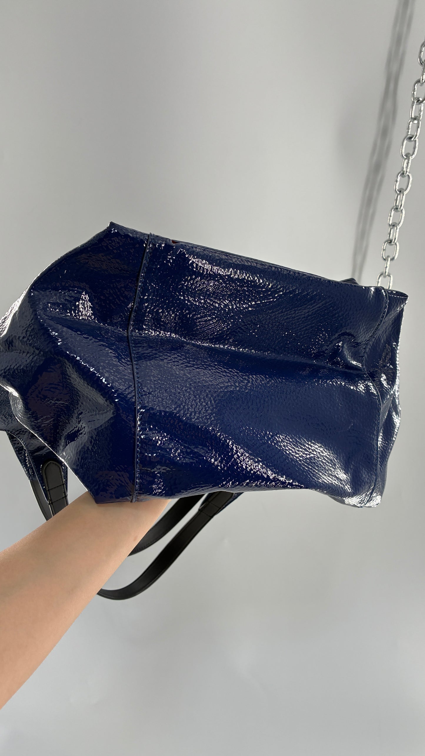 Vintage ARMANI EXCHANGE Navy Blue Patent Tote Bag with Contrasting Red Zipper