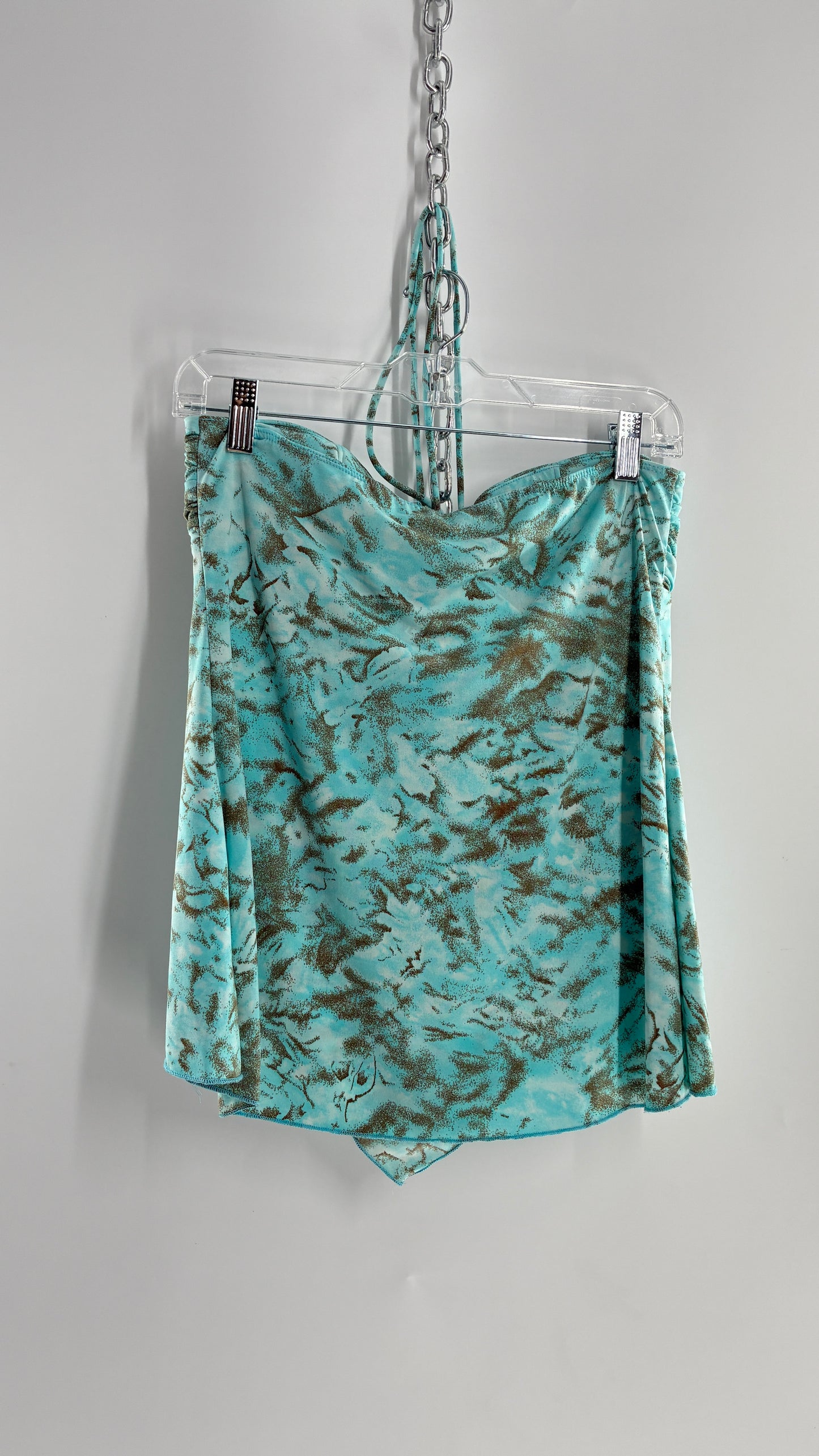 Vintage VENUS Turquoise Handkerchief Hem, Vented Tube Top with Stone Buckle and Choker Detail (M)