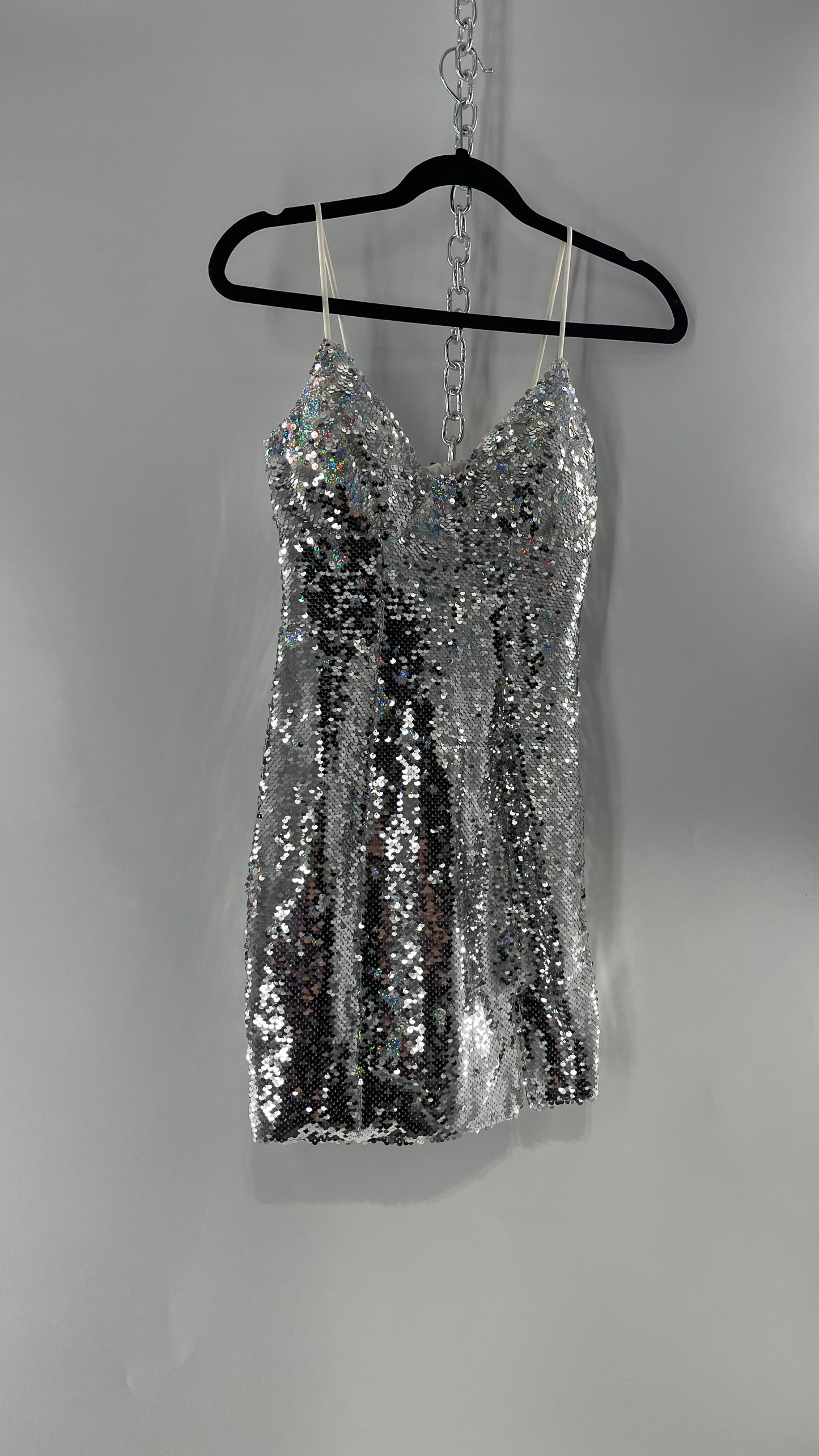Princess Polly Silver Iridescent Sequin Mini Dress with Triangle Cups and Thigh Slit (0)