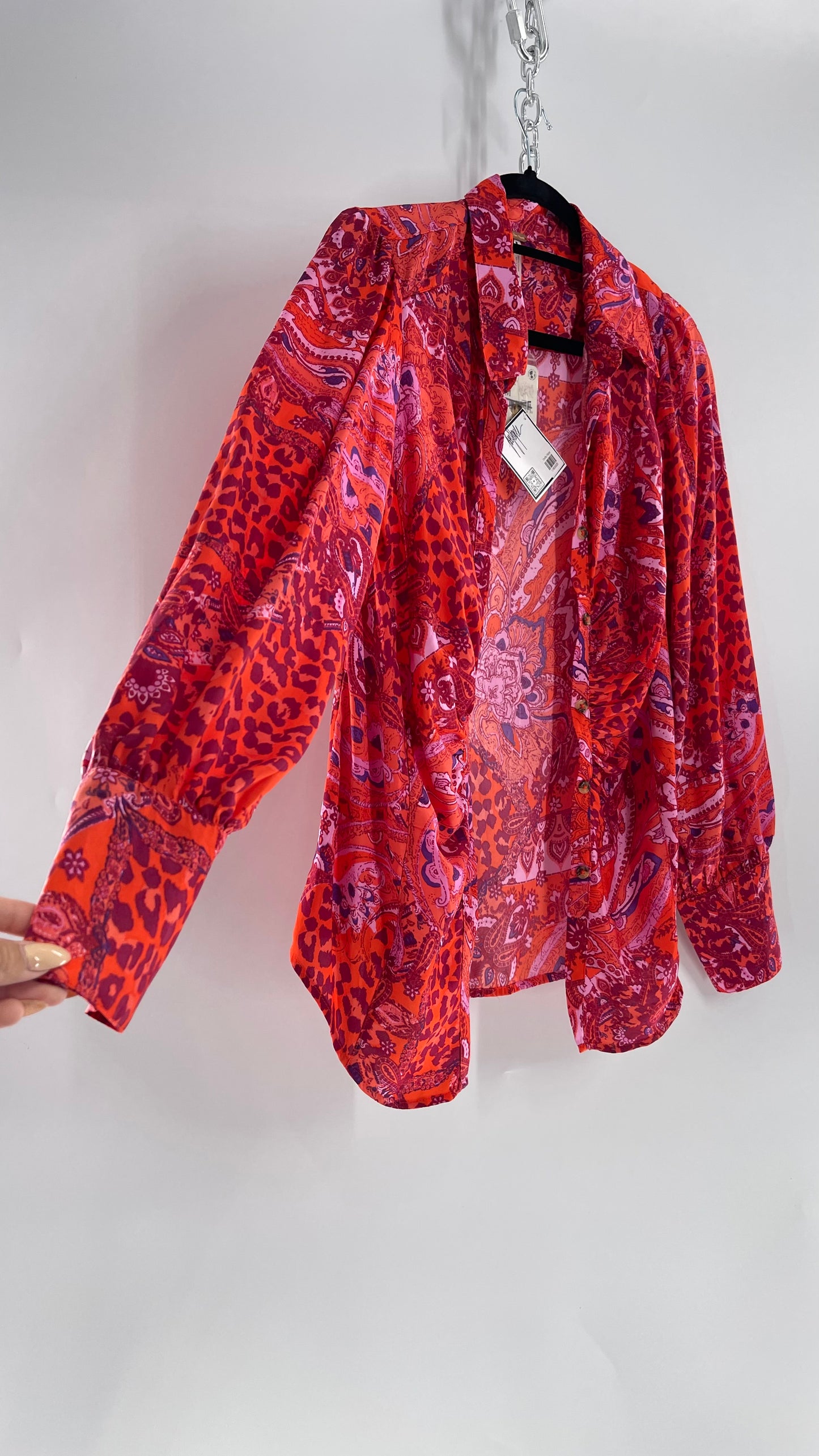 Free People Red, Neon Orange Leopard Paisley Patterned Button Front(Medium)