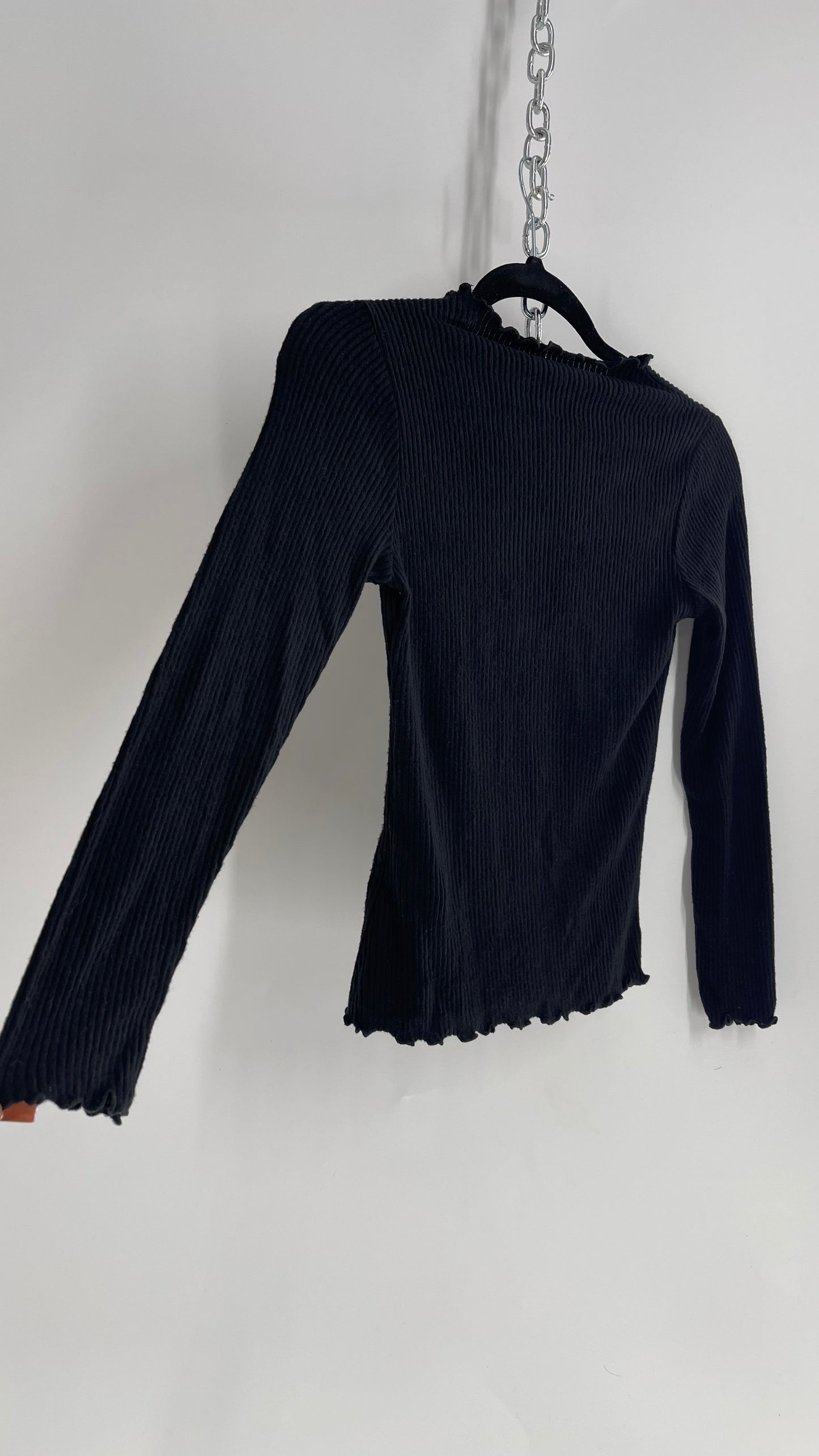 MUSE PETITE Black Ribbed Lettuce Trim Mock Neck Long Sleeve (XSP)