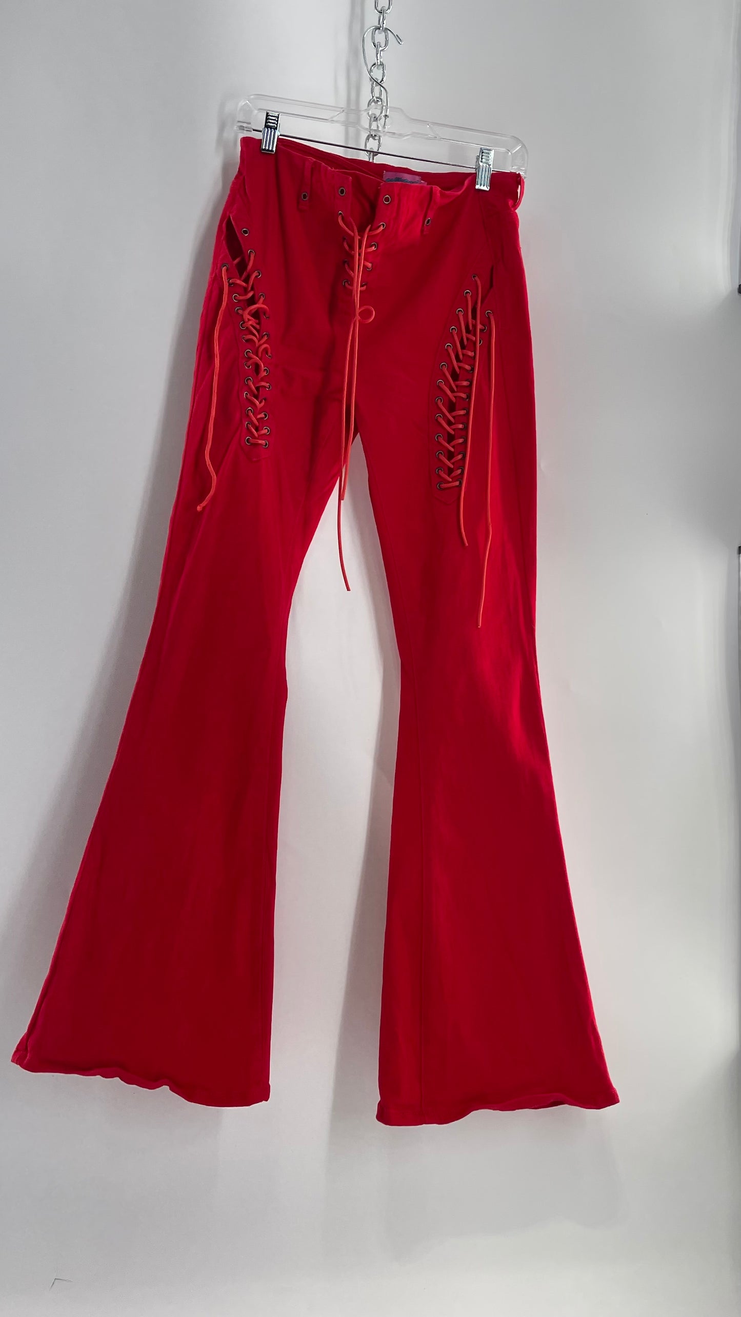 Edikted Rockstar Red Kick Flare Bell Bottoms with Lace Up Thigh and Waistline Detail (Large)