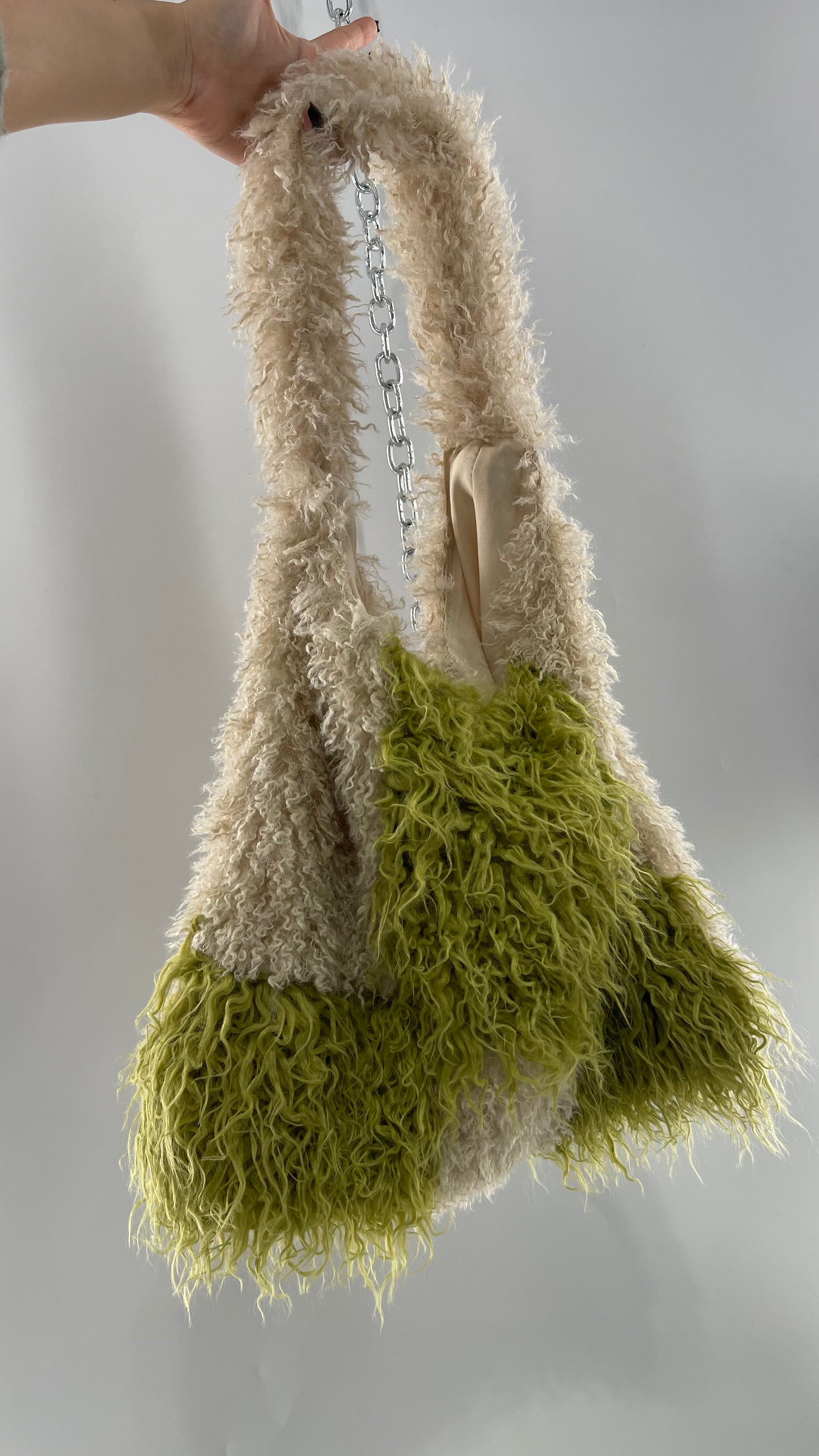 Free People Shaggy Green Beige Checkered Tote