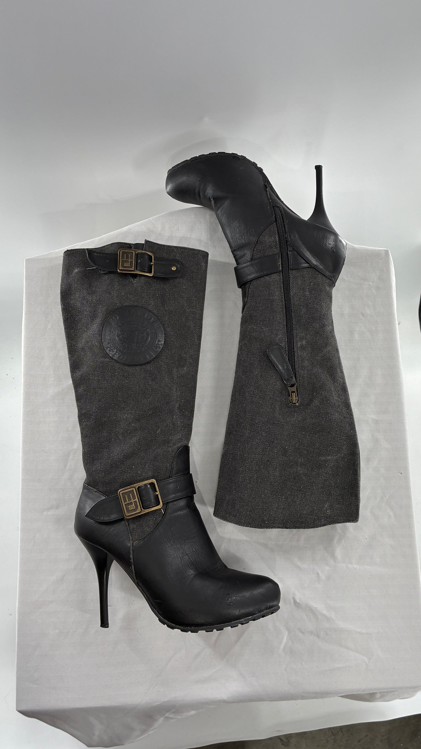 Vintage ED HARDY Stiletto Boots with Embossed Buckles and Badges (9)