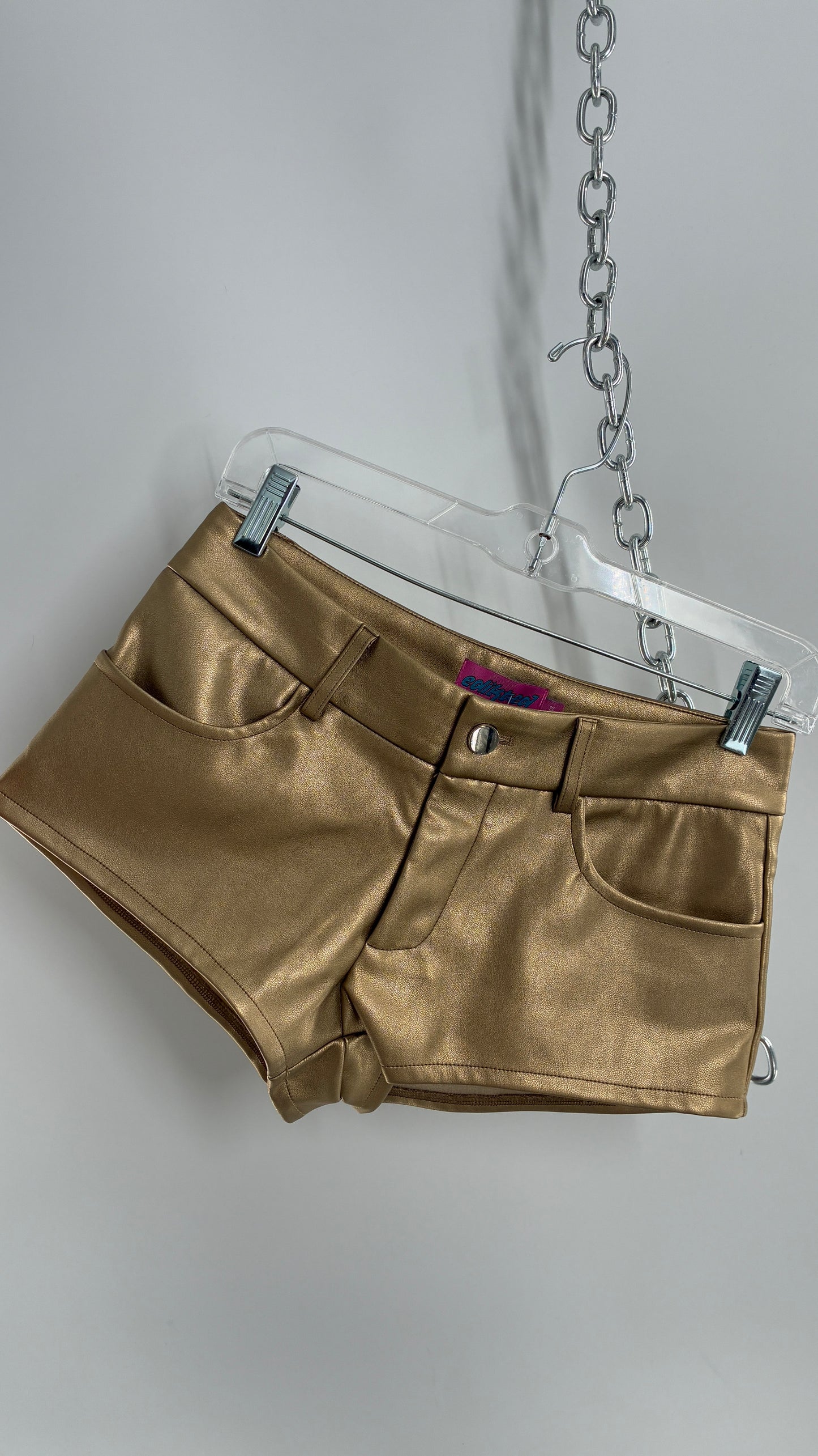EDIKTED Gold Vegan Leather Low Waisted Hot Shorts (XS)