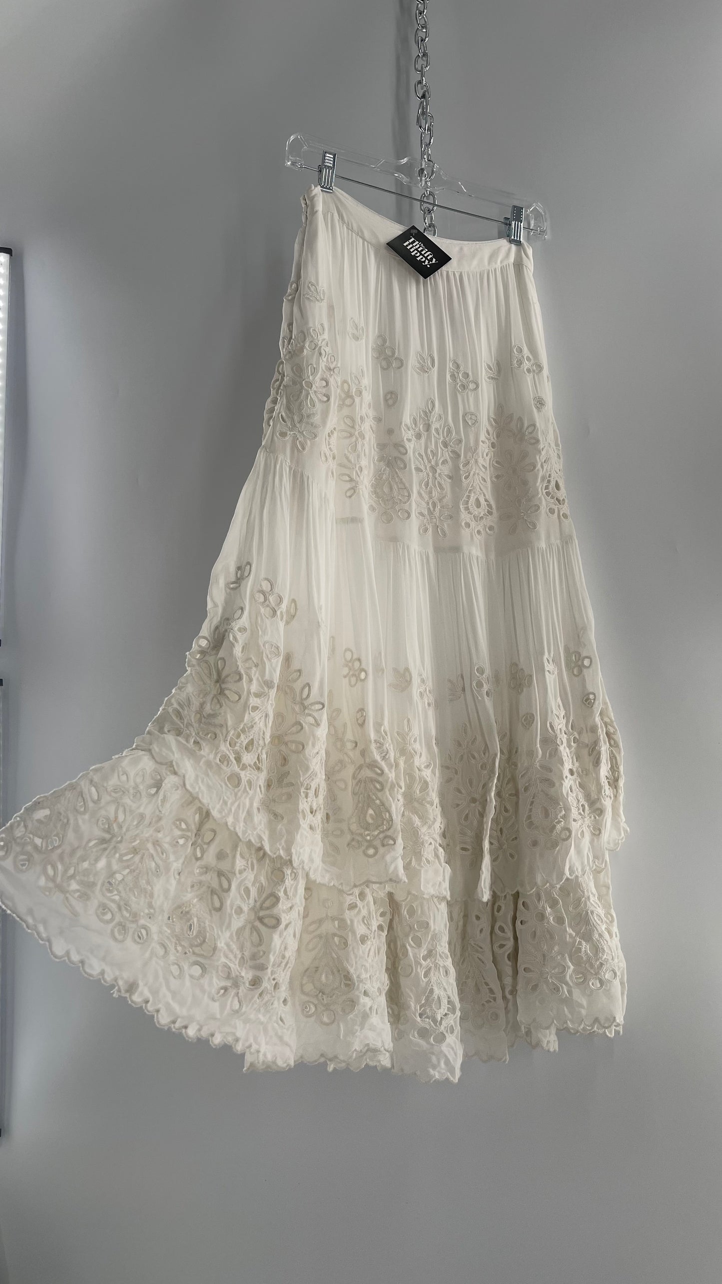 Free People White Embroidered Eyelet/Lace Voluminous Tiered Ruffle Full Length Skirt (4)