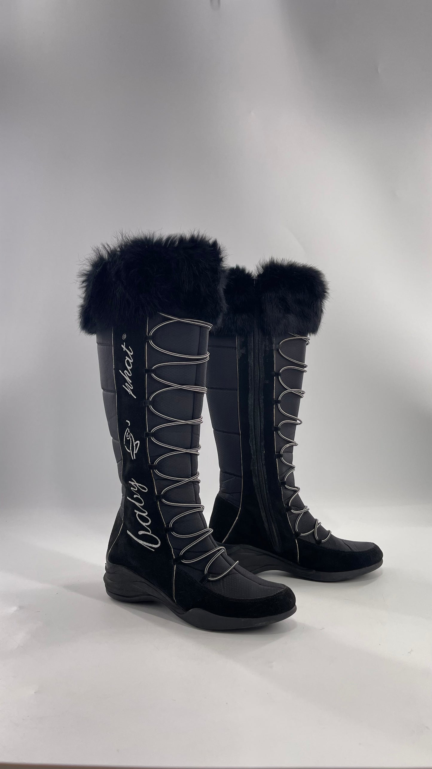 Baby Phat Black Knee High Boots with Rabbit Fur Trim, Bungee Cord Ties, and Embroidered Logo Design (8)