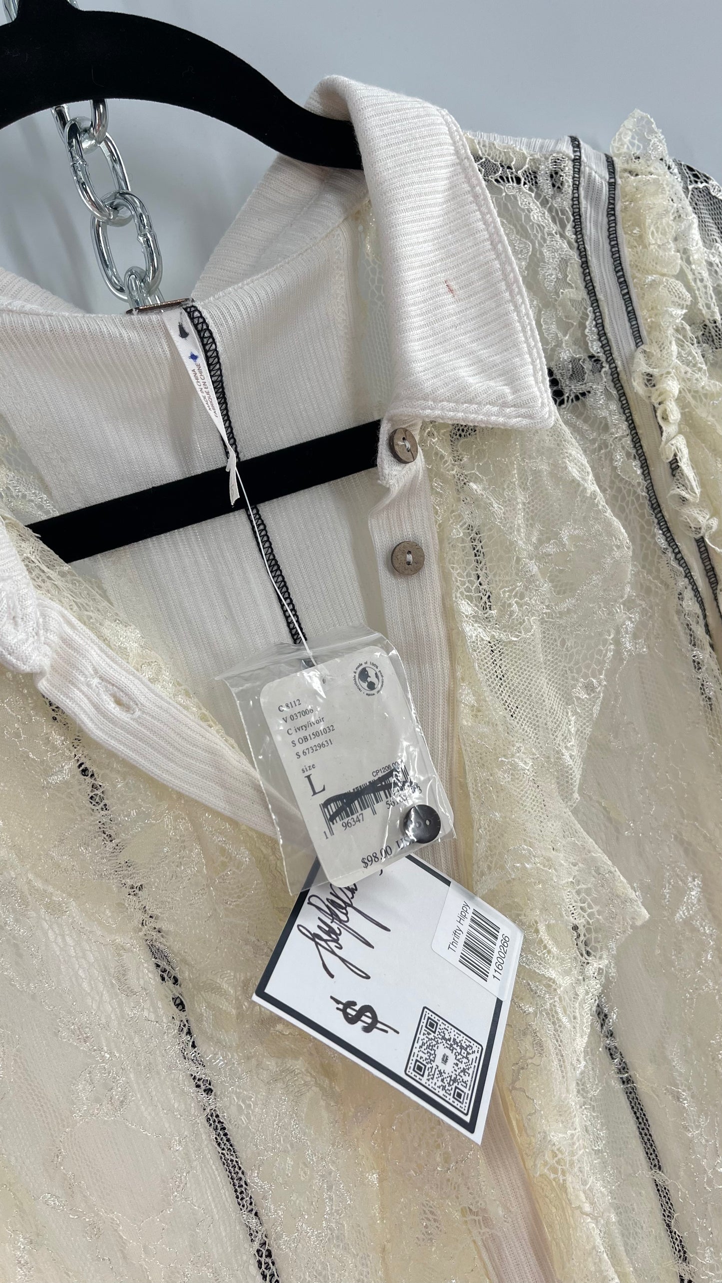 Free People White Lace/Ribbed BodyCon Button Up with Tags Attached (Large)