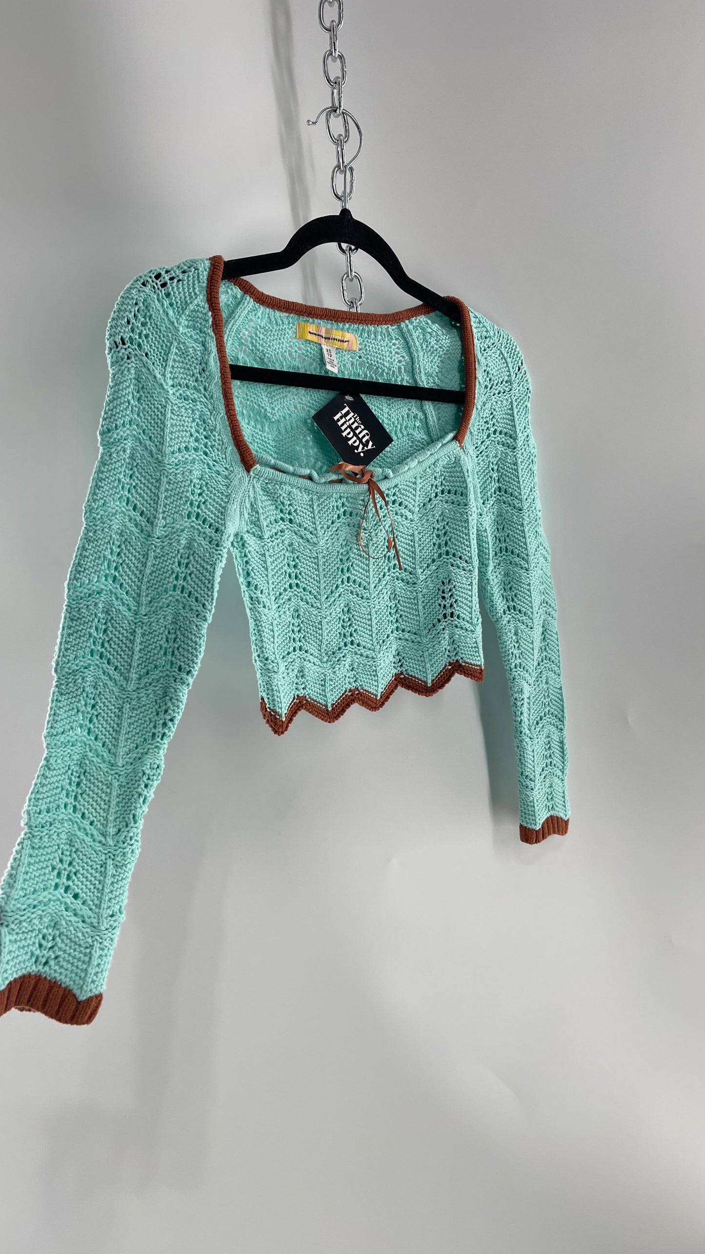 Urban Outfitters Baby Blue Cropped Knit Top with Brown Piping and Ribbon Neckline (XS)