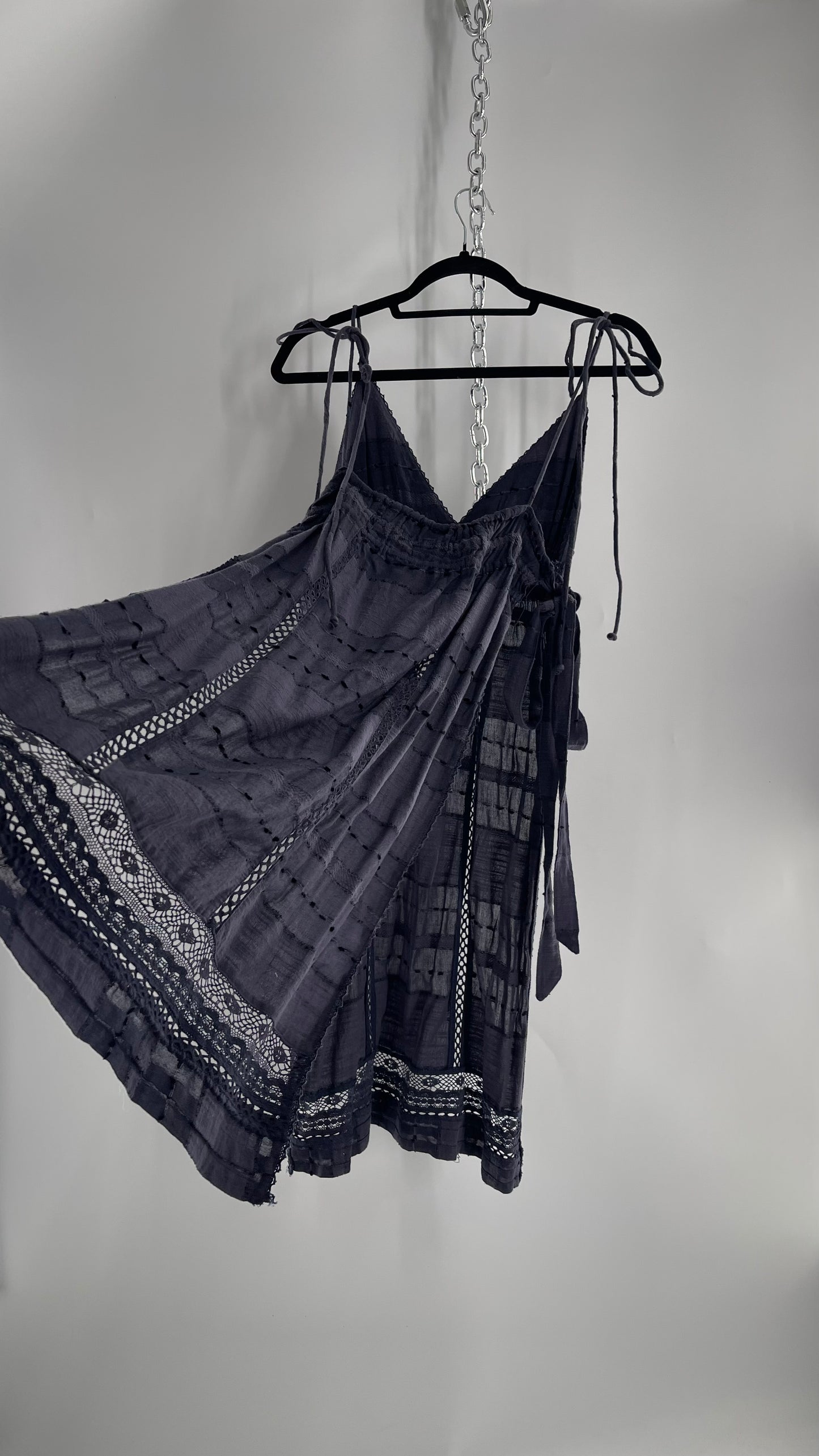 Free People Navy Blue Cotton Lace and Embroidered Open Tie Side Dress (M)