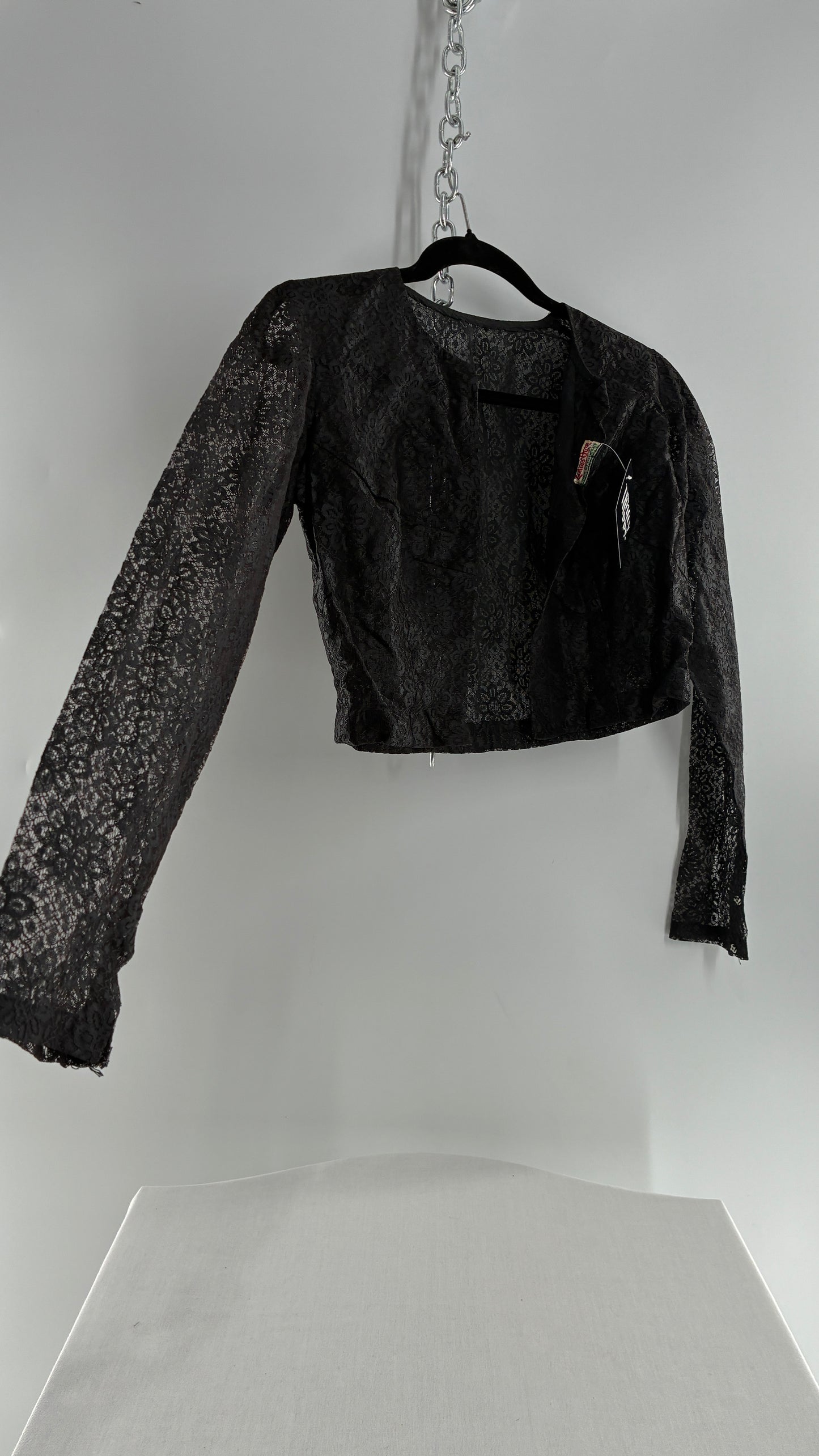 Vintage 1950s Ladies Own Black Lace Cropped Long Sleeve with Bust Stitching (Small)
