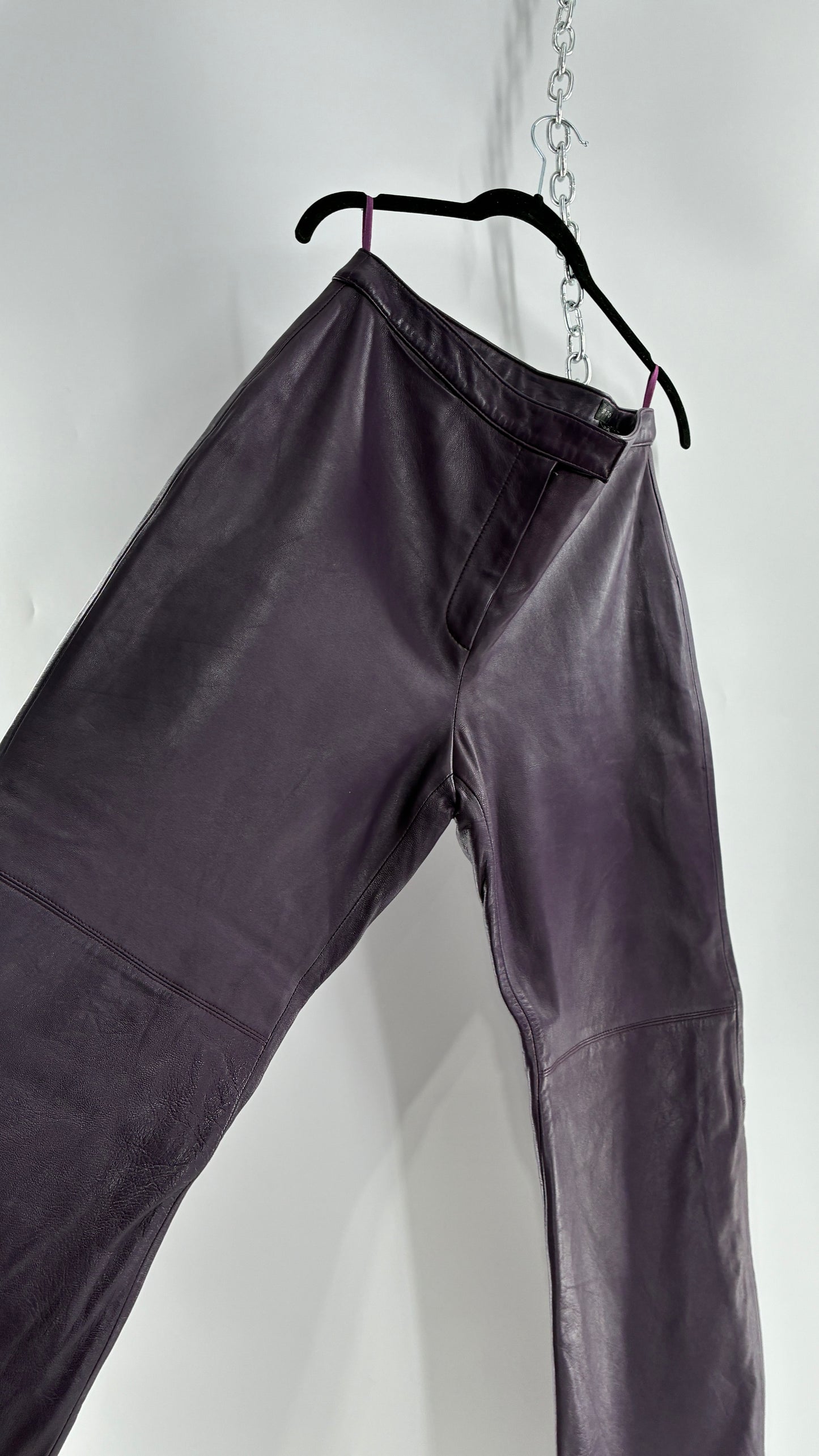 Vintage SHIN CHOI Genuine Italian Leather Purple Side Closure Low Rise Pants (12)
