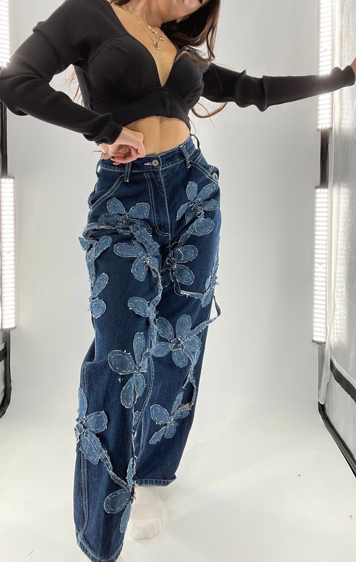 Handmade CUSTOM Dual Denim Tone Floral Vine Cargo Denims (S)
