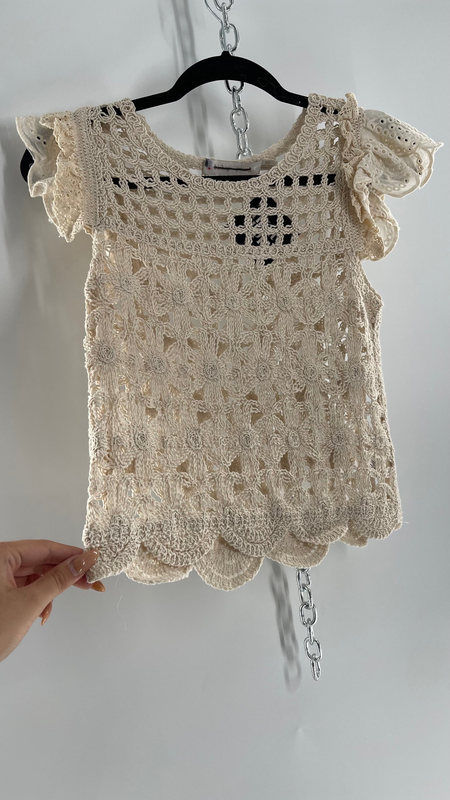 Bishop + Young Anthropologie Crochet Tank with Scalloped Hem and Lace Lined Sleeves (Small)