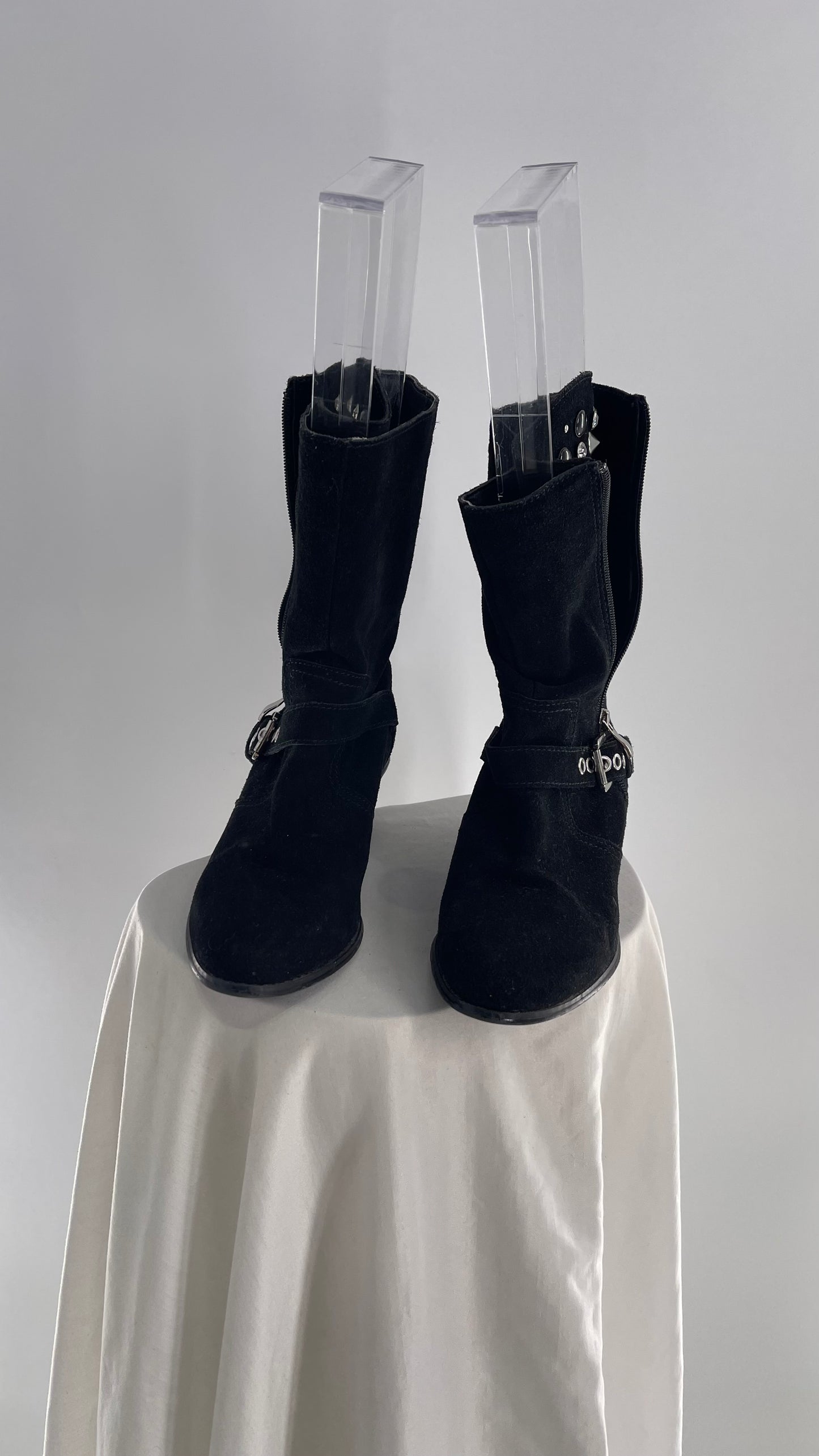 Vintage Black Suede Cowboy Boots with Buckle and Zip Up, Rhinestone Studded Details (8.5)