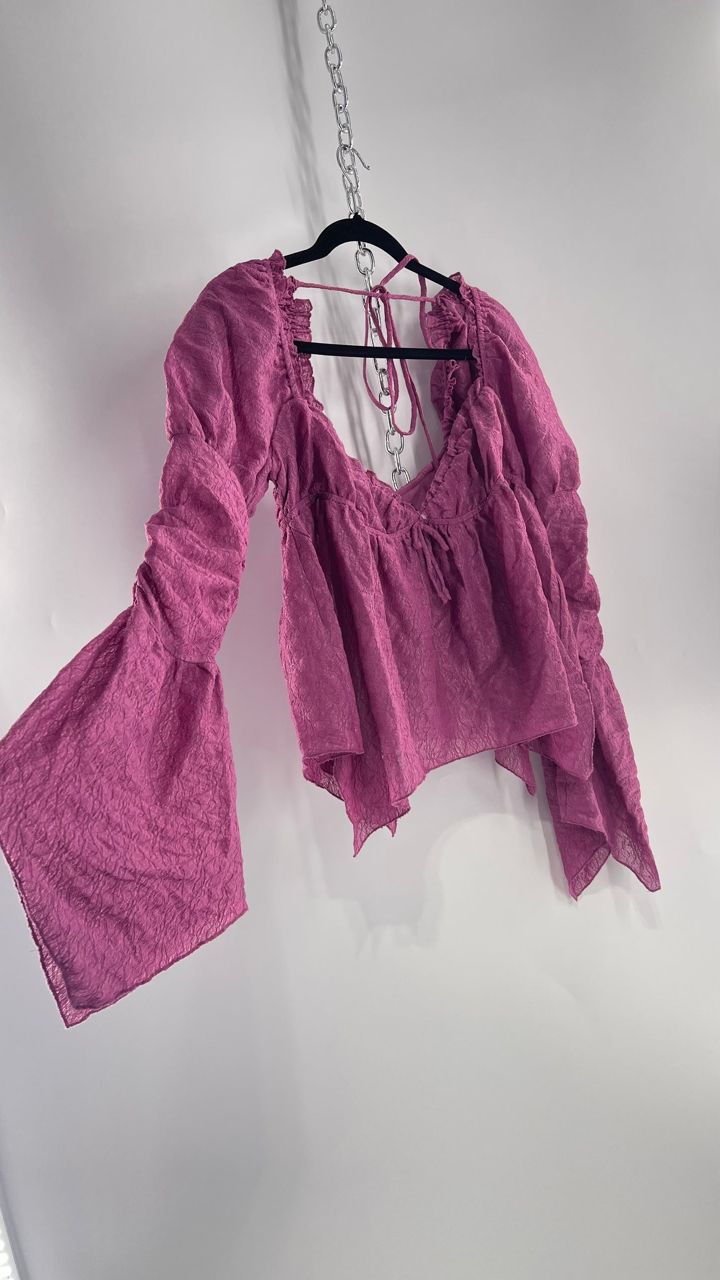 Urban Outfitters Purple Lace Blouse with Handkerchief Slit Hem, Princess Fairy Sleeves, Ruffle Trim Bust and Low Back (Large)