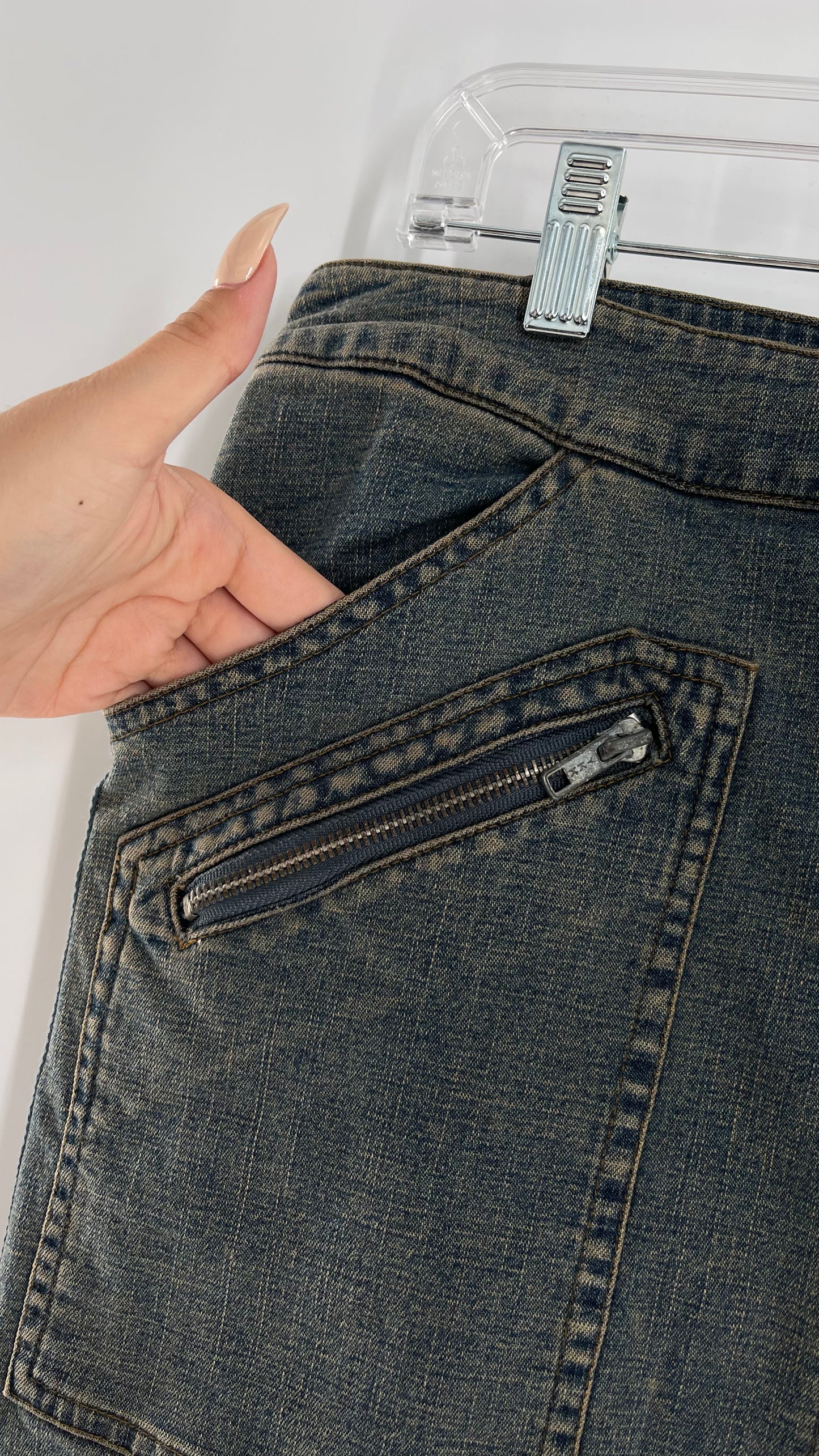 Vintage More Feminine w/o Limits Denim Skirt with Grommet Lace Up Sides and Fade (42)
