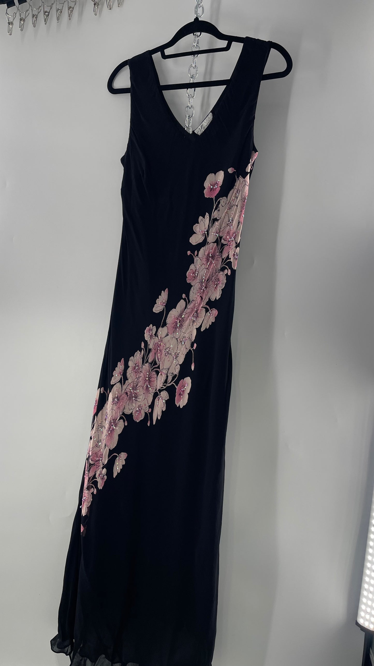 Vintage Dress Barn Black Slinky Maxi Dress with Pink Floral Graphic and Sequins (L)