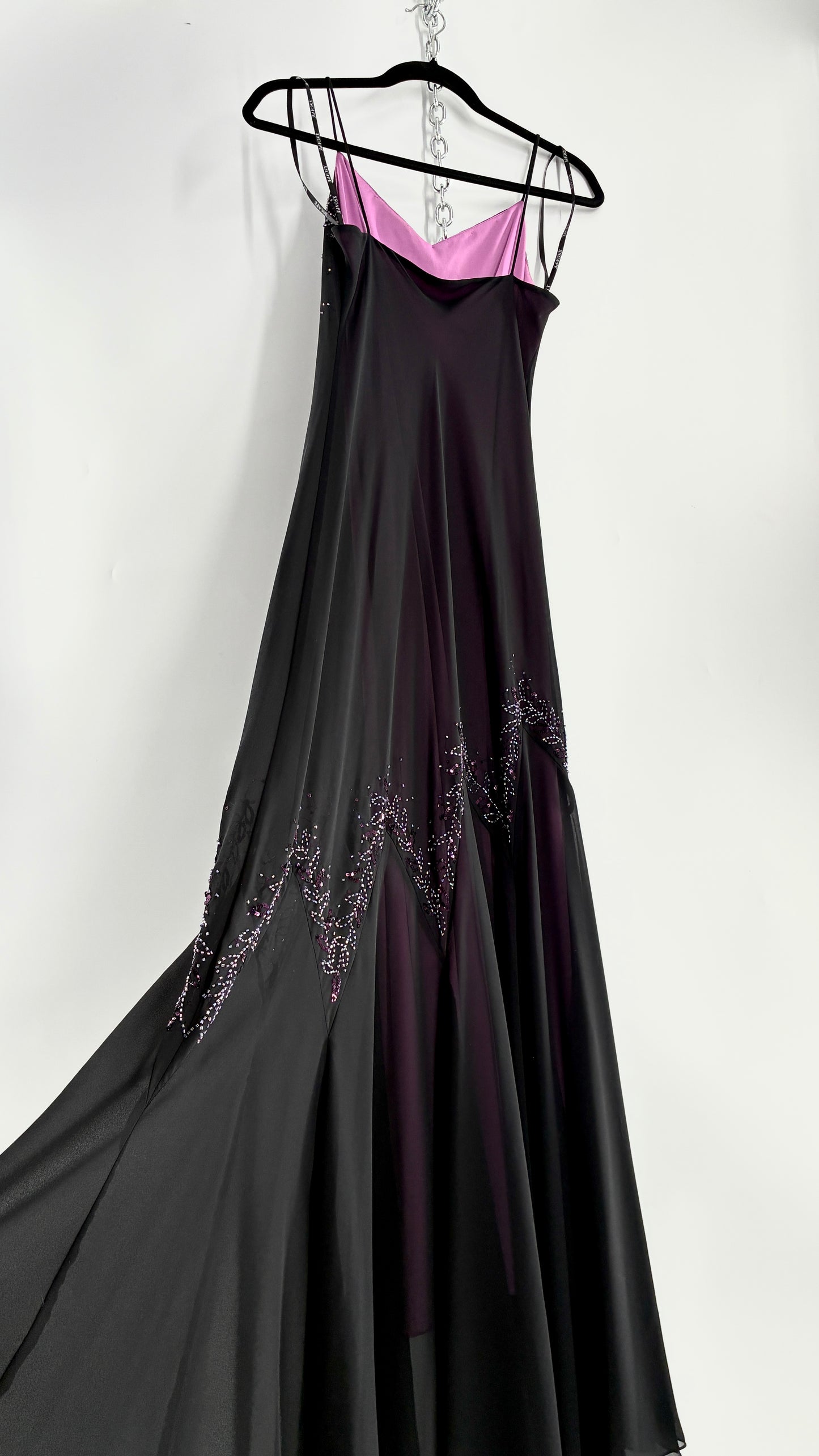 Vintage XSCAPE Full Length Black Beaded Gown with Purple Underlay (4)