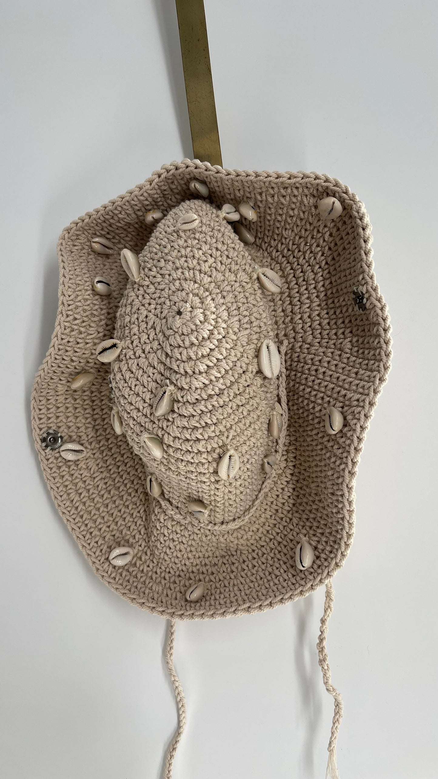 Heavy Knit Crochet Off White Sun Hat with Sewn On Shells and Button Sides