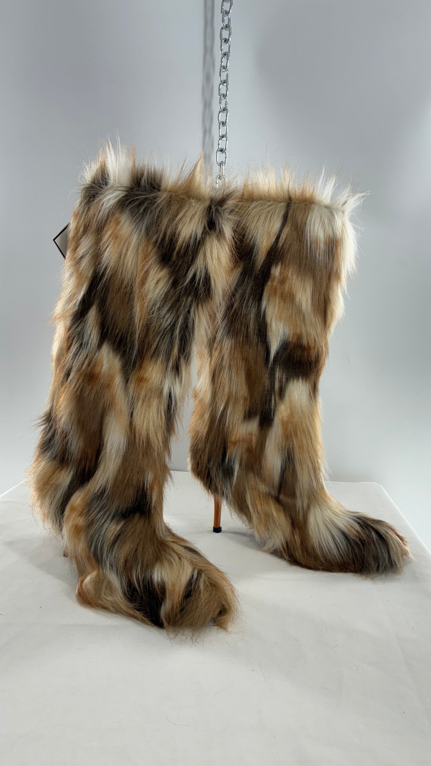 Vintage Mixed Tone Vegan Fur, Knee High, Pointed Toe Boots (43)