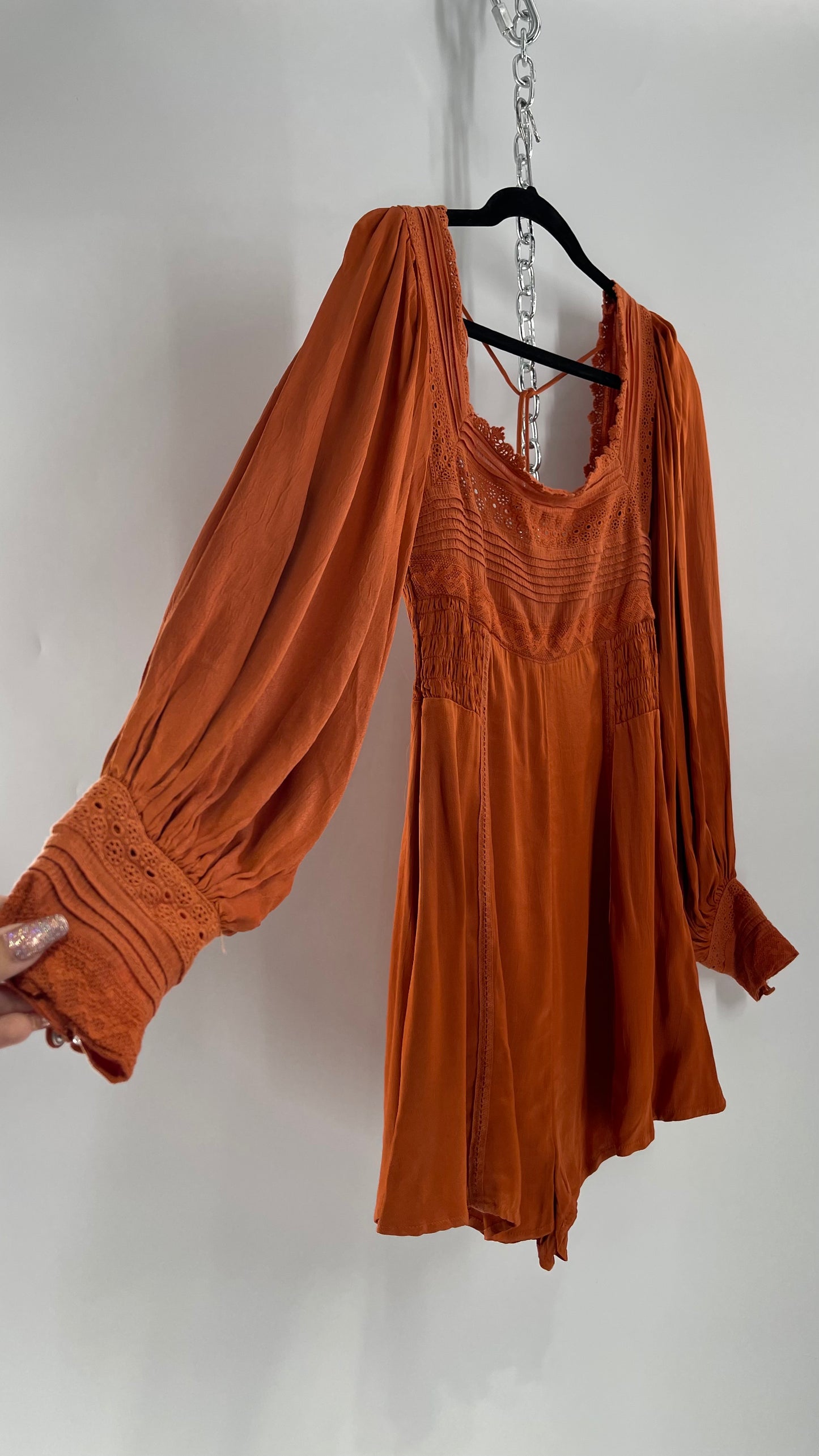 Free People Silky Orange Romper with Buttoned Sleeve Cuffs, Balloon Sleeves and Pleated Lace Bust (2)