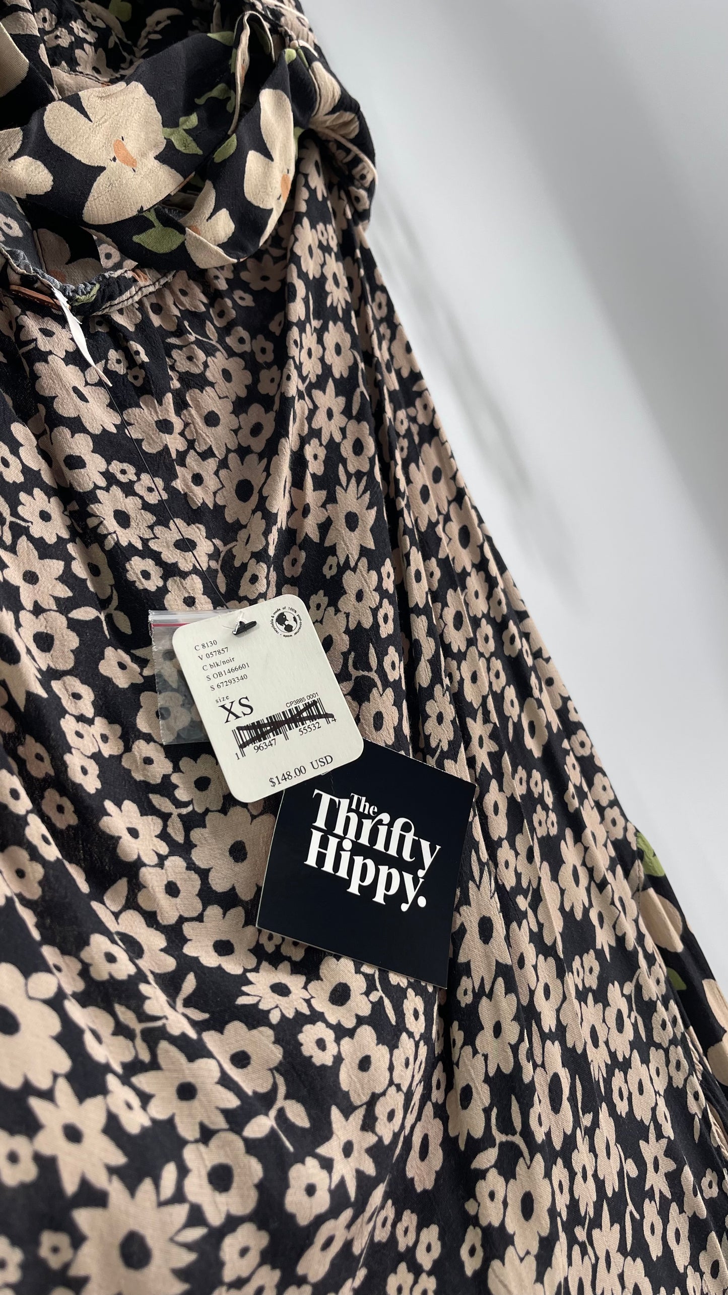 Free People Daisy Mixed Pattern Black/Beige Button Front Full Length Dress (XS)