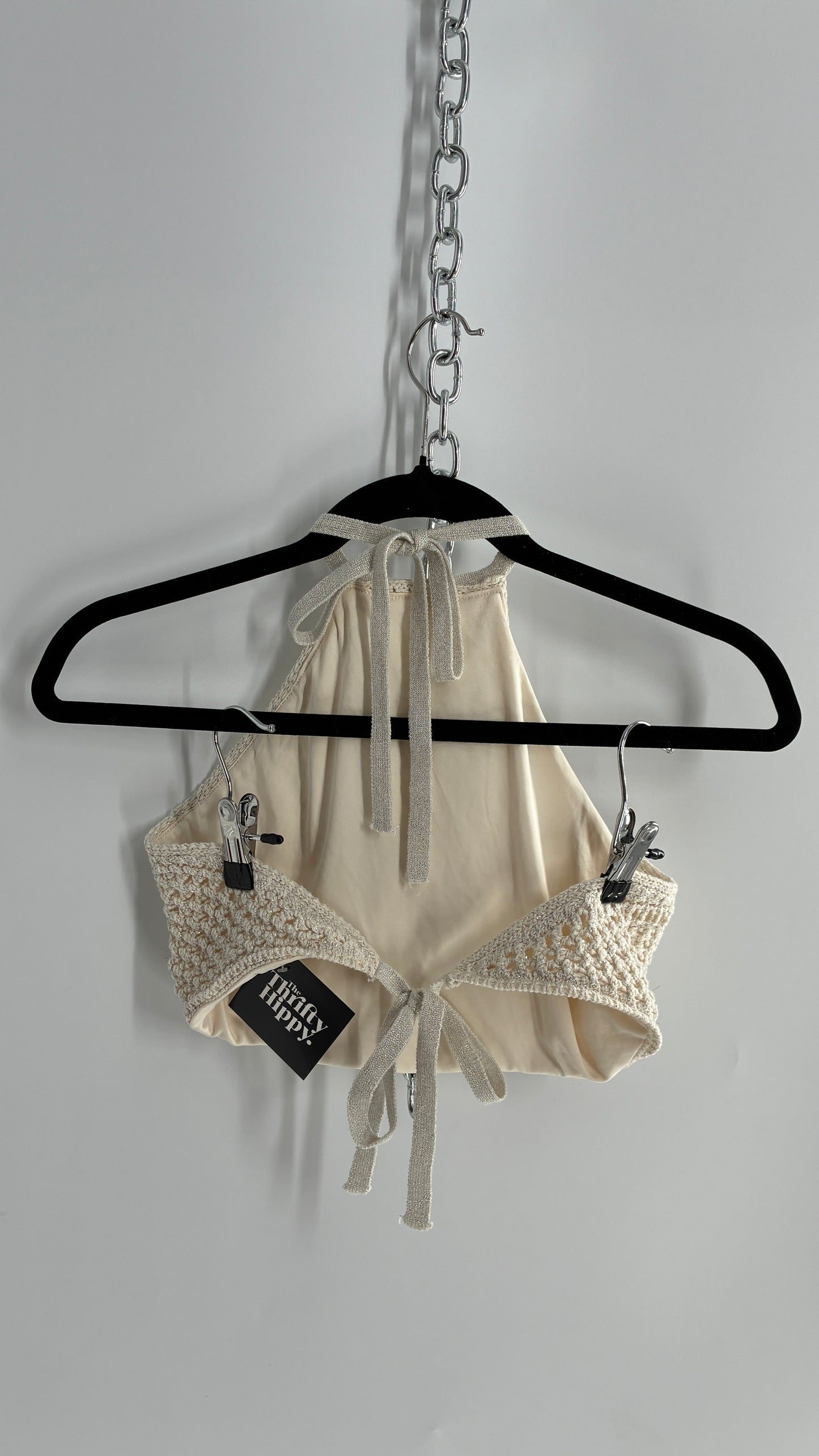 GARAGE Off White Crochet Backless Halter with Silver Tinsel (Small)