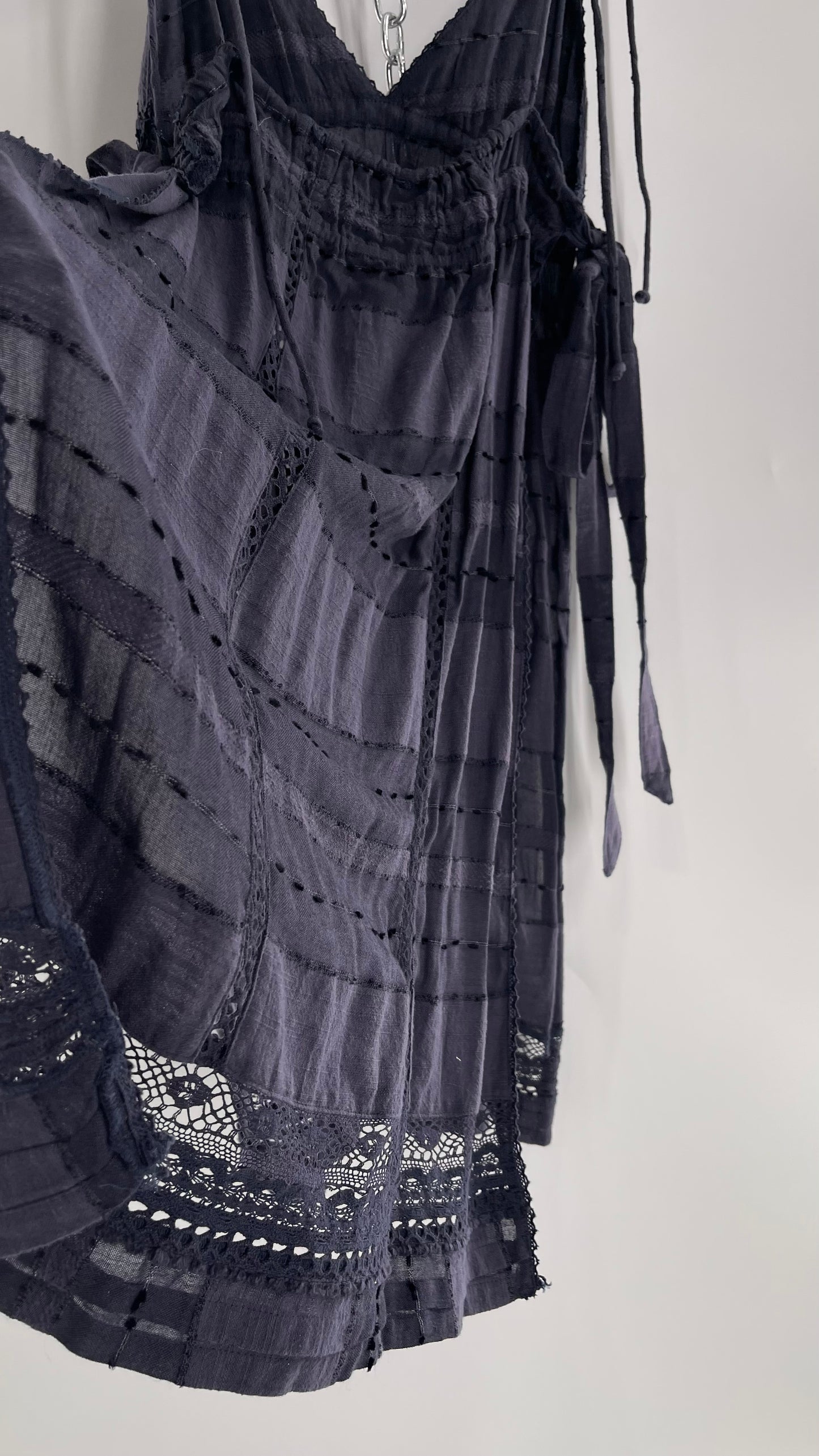 Free People Navy Blue Cotton Lace and Embroidered Open Tie Side Dress (M)