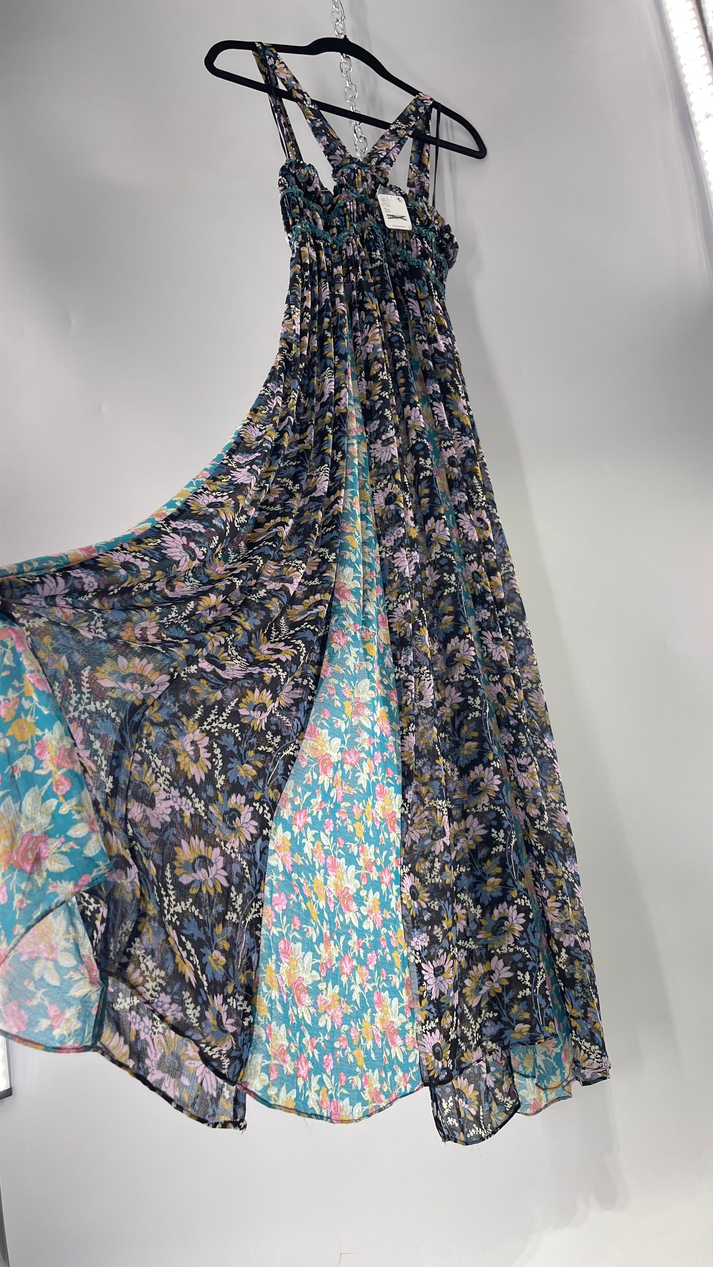 Intimately Free People Black and Teal Mixed Pattern Floral Maxi Dress with Tags Attached (XS)