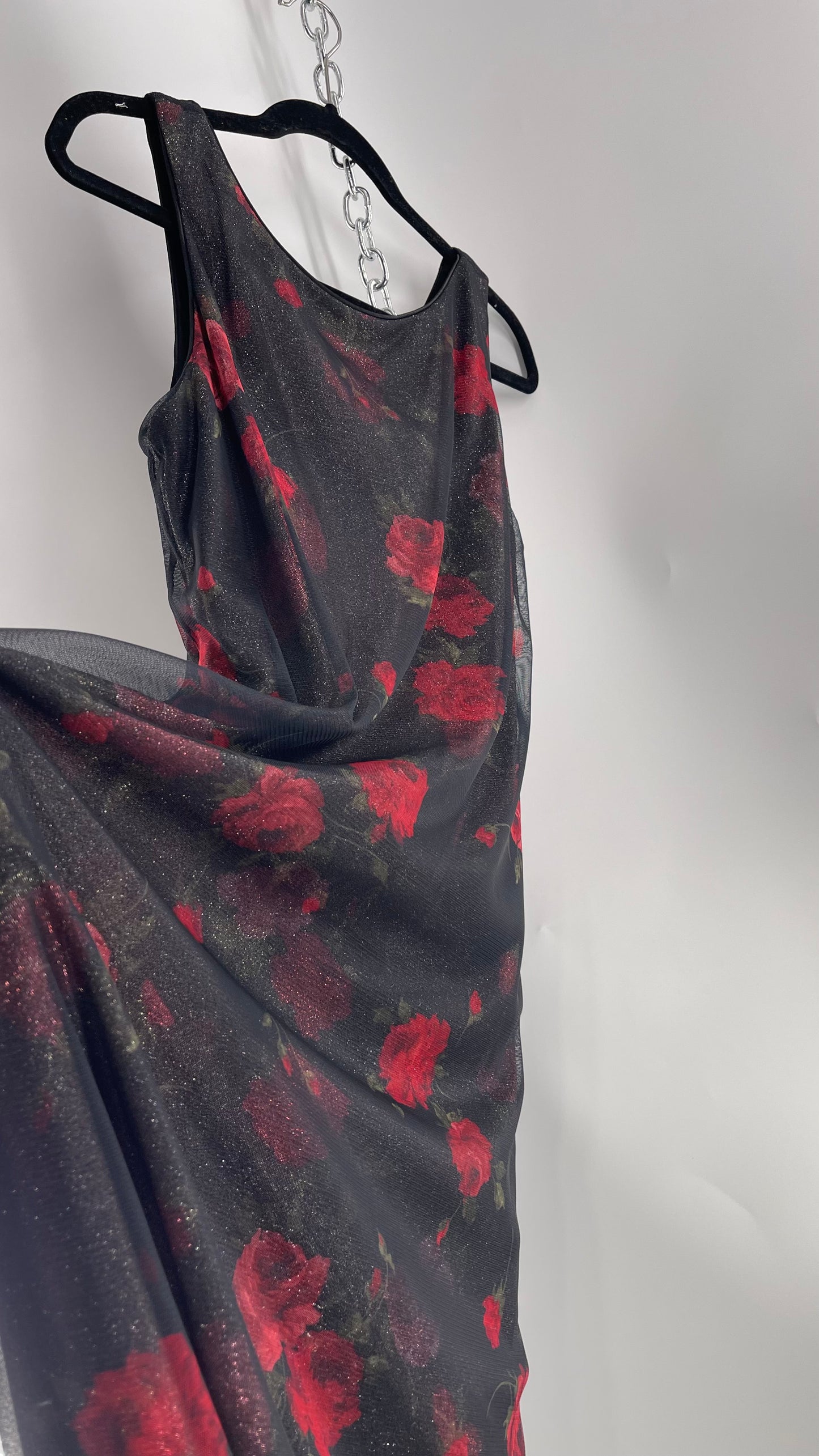 Vintage TEDDI EVENING Dress with Red Rose Layer Over Glitter Graphic and Black Base Layer (10)