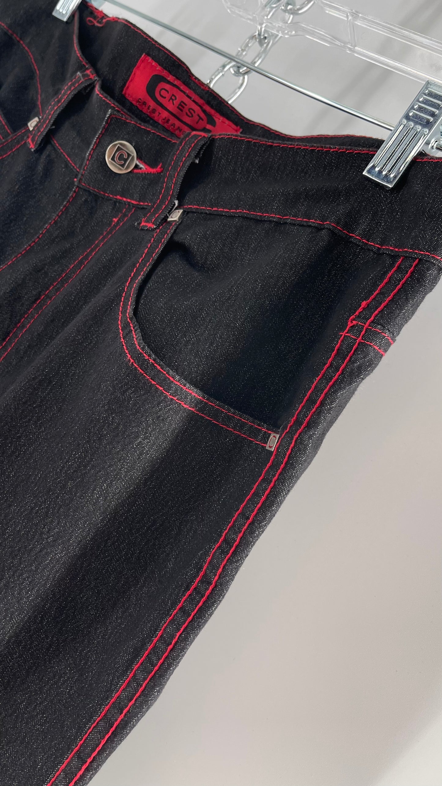 Rare Vintage Black Crest Jeans with Red Contrast Stitching and Butterfly Embroidery on Thigh and Back Pockets (14)