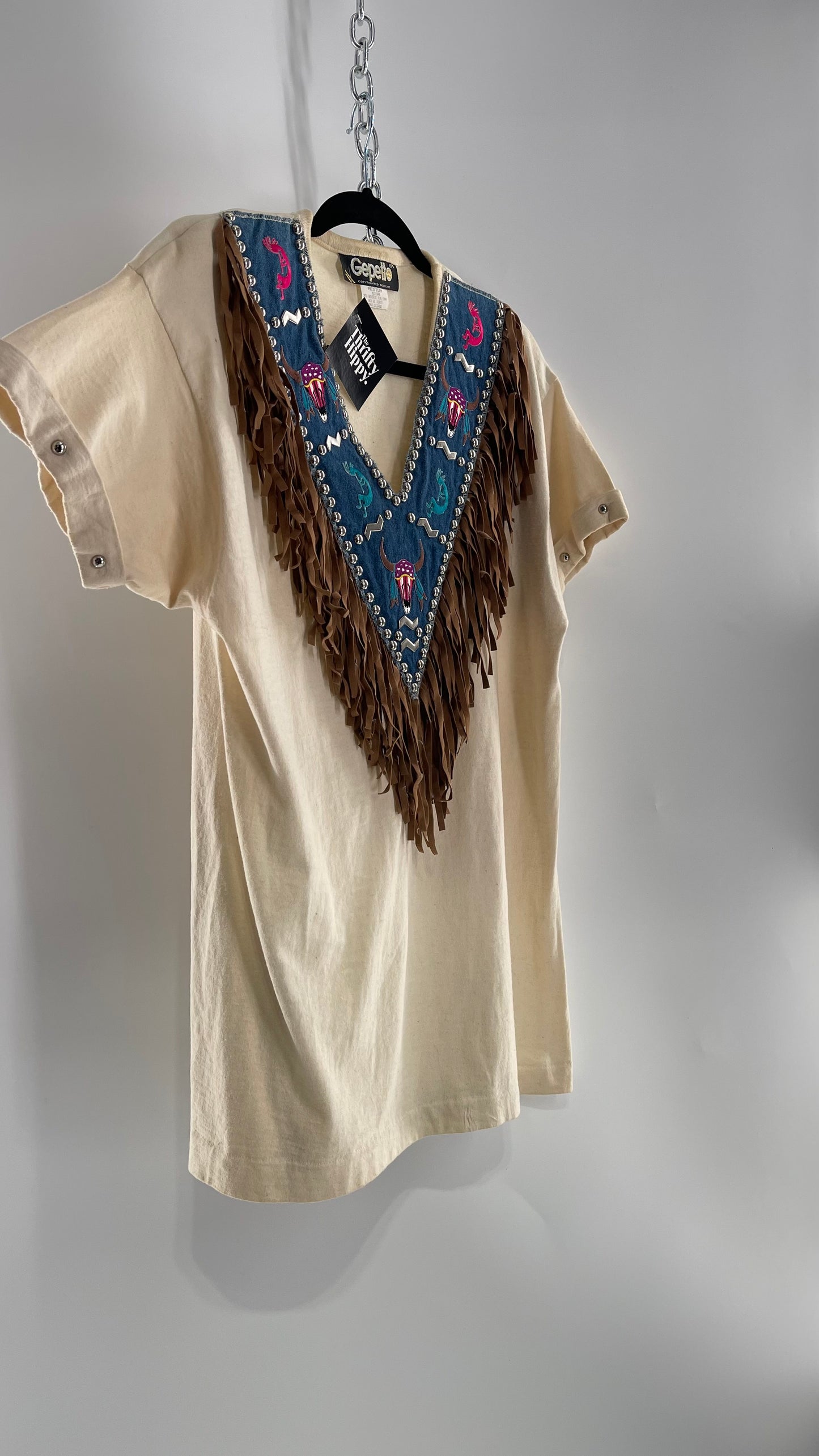 Vintage 1980s GEPETTO Off White Rodeo Western T Shirt with Denim Lined V Neck, Faux Leather Fringe Detail, Embroidery, and Heavy Duty Studs
