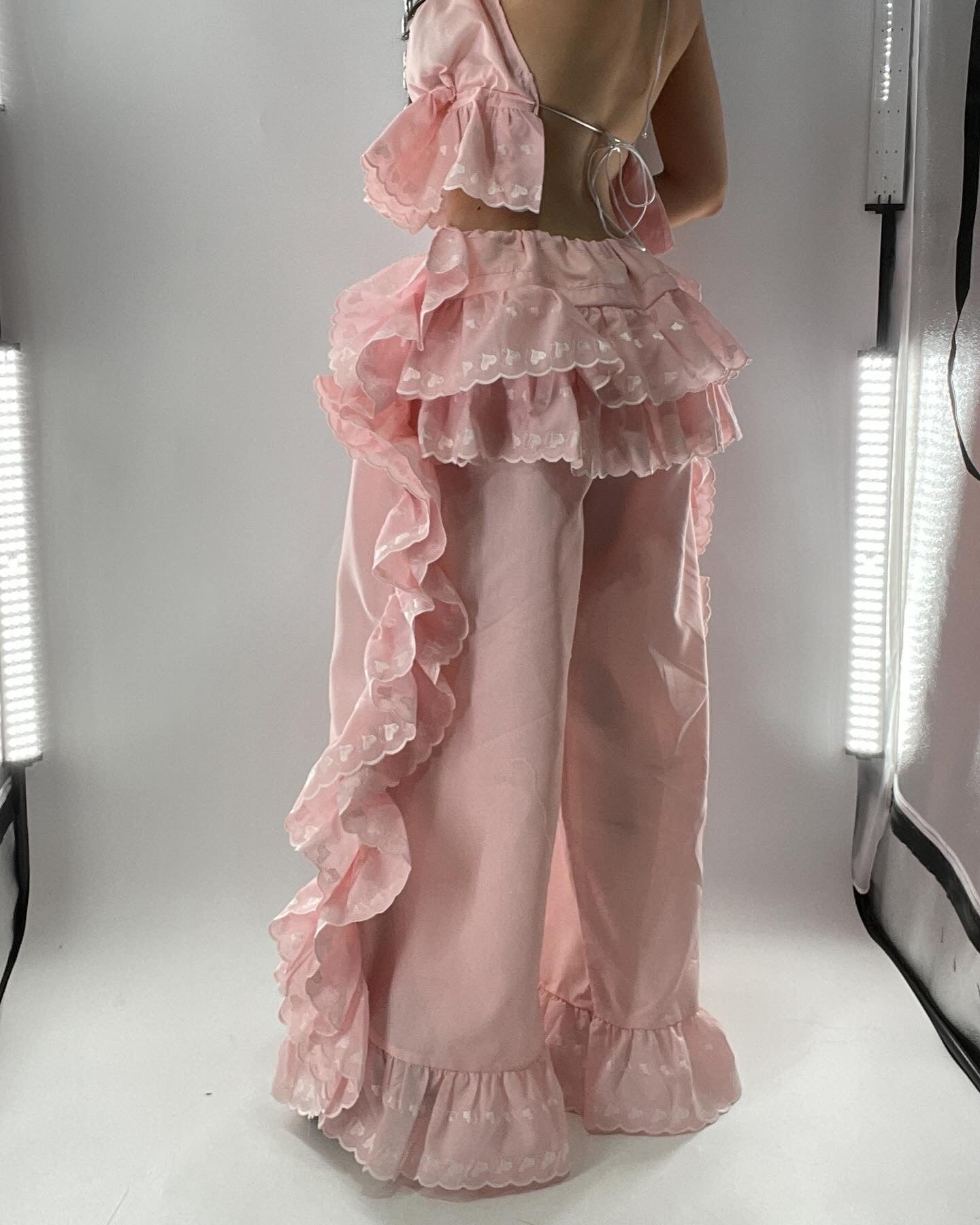 Vintage 2pc Pink Ruffled Set with Embroidered Hearts (XS-L)