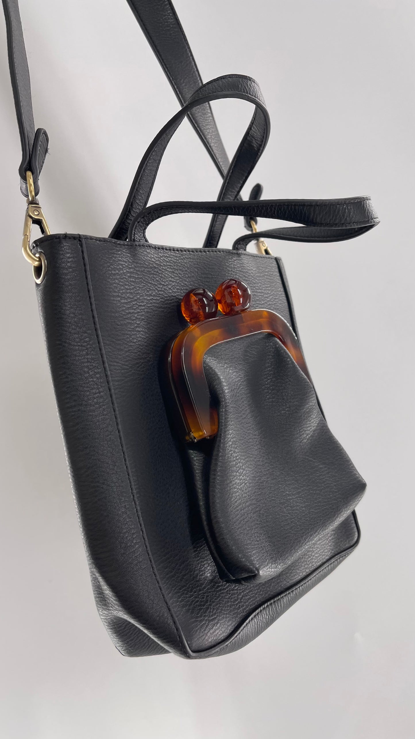 Anthropologie Black Vegan Leather Purse with Detachable Coin Purse and Strap