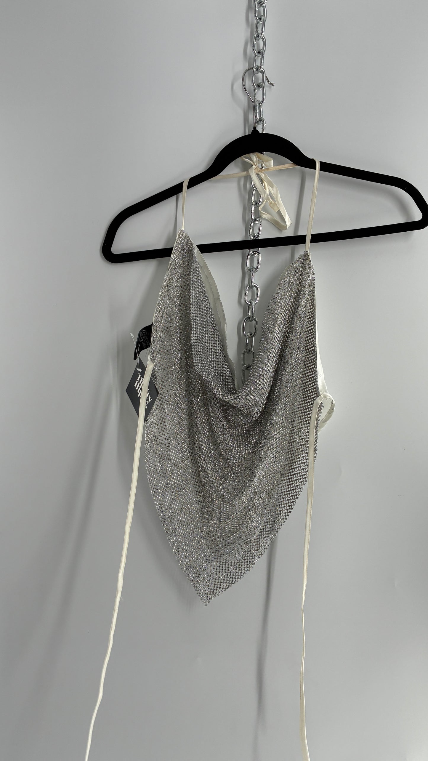 Vintage SPOON Jeans Crystal Mesh Satin Lined Backless Halter (Large)
