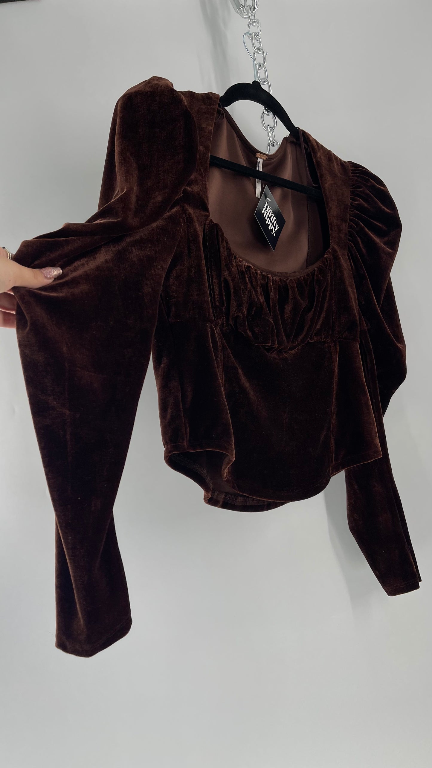 Free People Dark Brown Velvet Long Sleeve Cropped Blouse with Milkmaid Neckline and Renaissance Puff Shoulder (Large)
