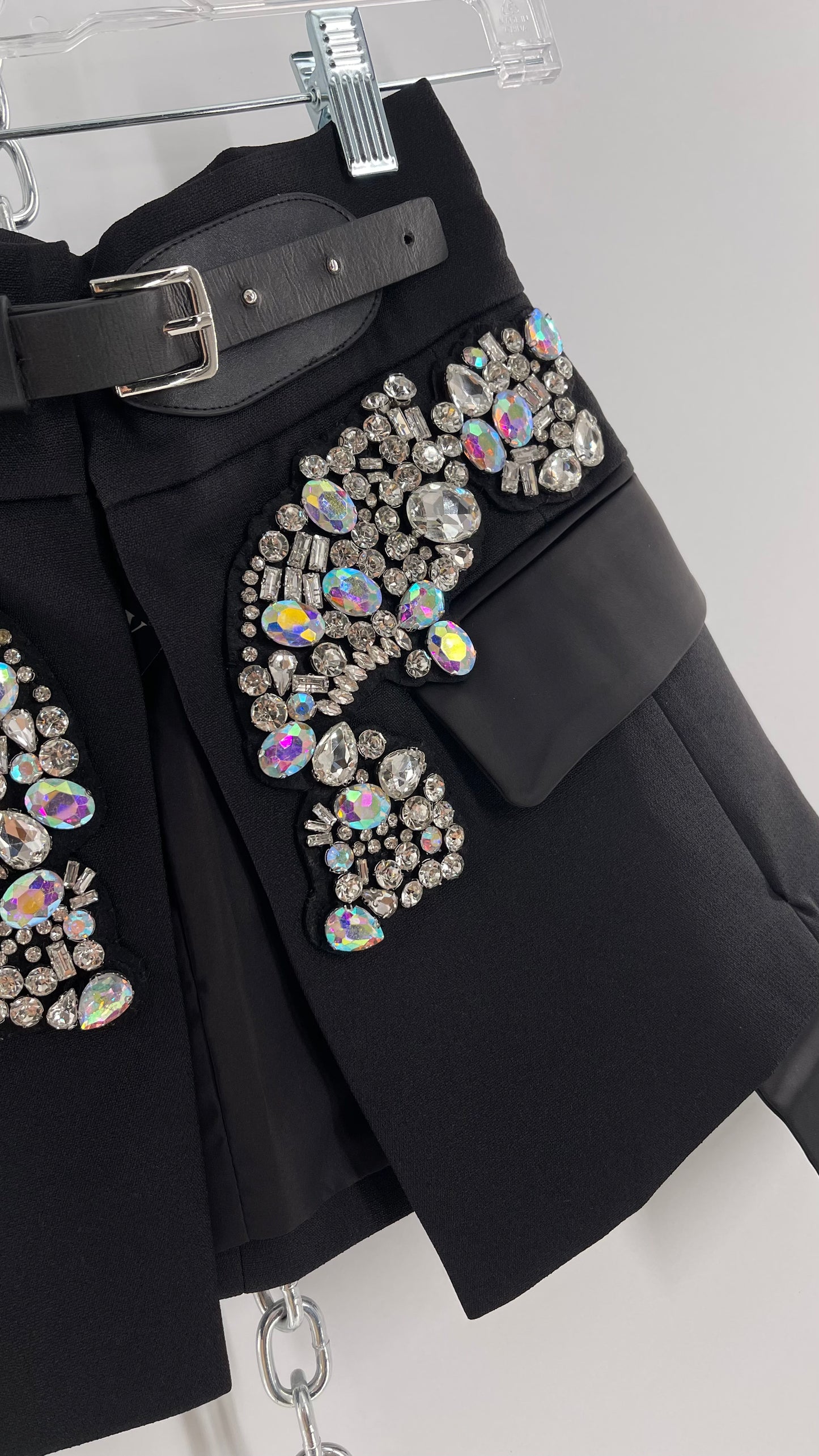 Black Skirt Belt Covered in Crystal Embellishments with Satin Flap Pockets (Medium)
