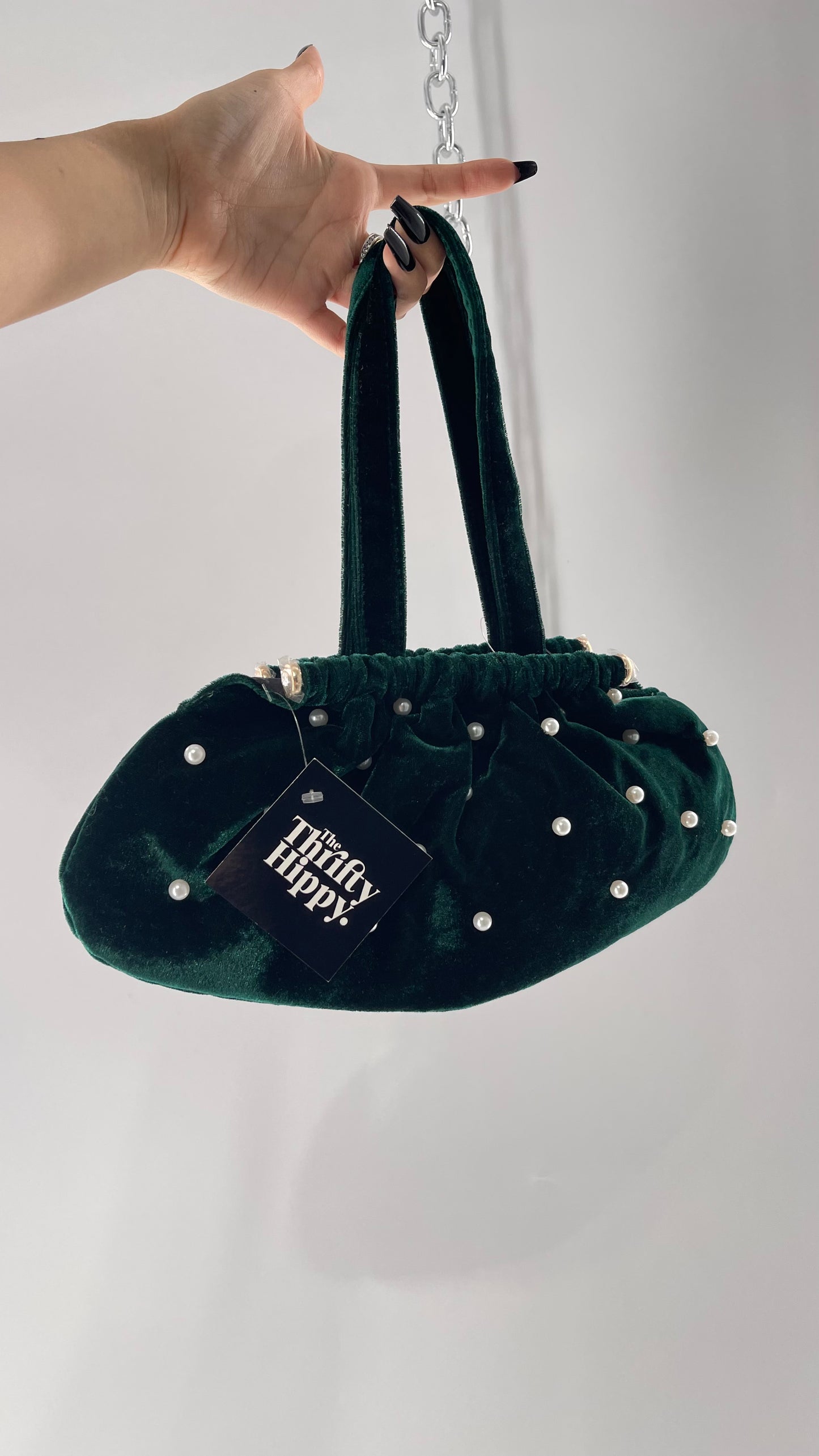 Vintage Deep Green Velvet Purse Covered in Pearls, and Featuring Gold Metal Closure Still Lined in Protective Plastic