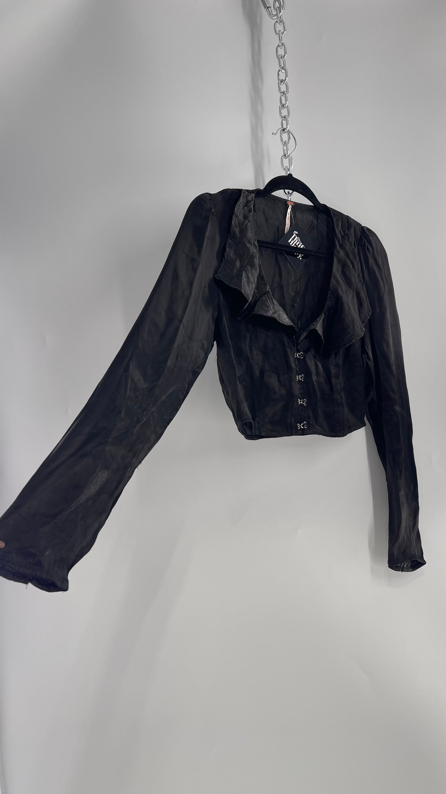 Free People Black Silky Ruffle Neckline Long Sleeve with Grommet Closure Details (Small)