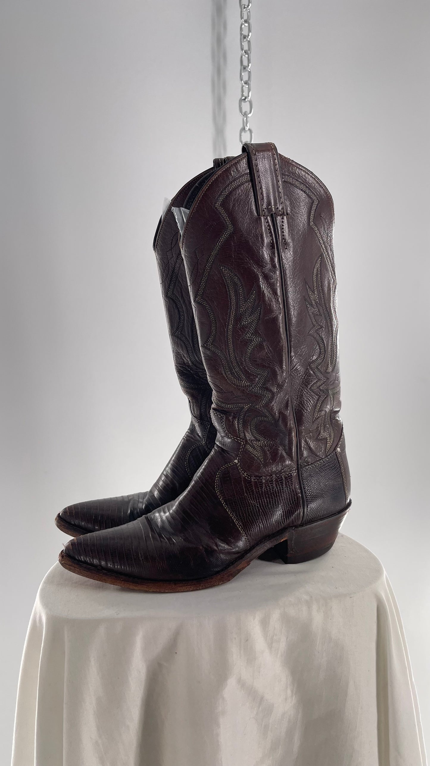 Vintage JUSTIN Dark Brown Leather/Lizard Pointed Toe Cowboy Boots Worn In (7.5)