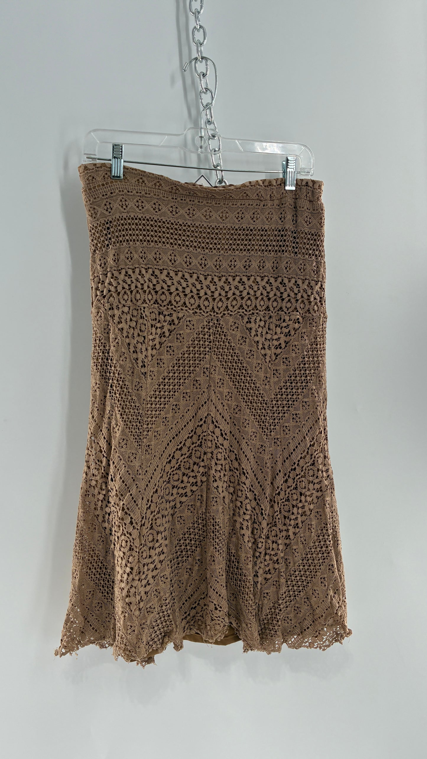 Vintage SOLITAIRE Tan Brown Lace Midi Skirt (Medium)
