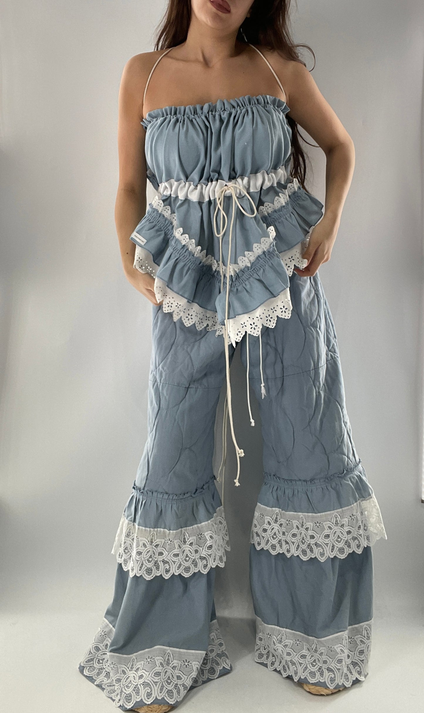 Vintage 2 Piece Powder Blue Set Featuring 2Way Blouse and Quilted Trousers Covered in Ruffles, Lace and Trim (One Size)