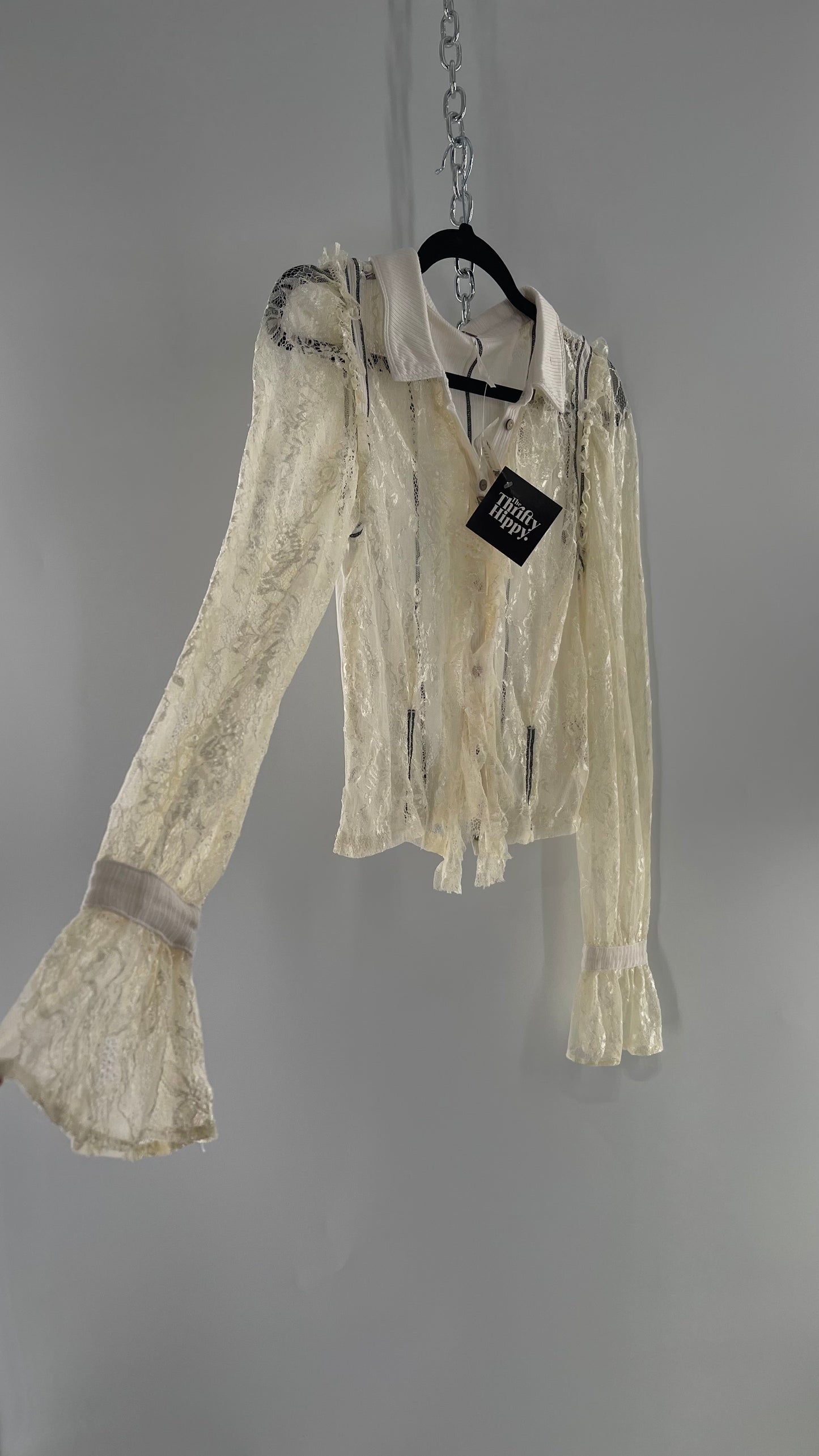 Free People White Lace/Ribbed BodyCon Button Up with Tags Attached (Large)