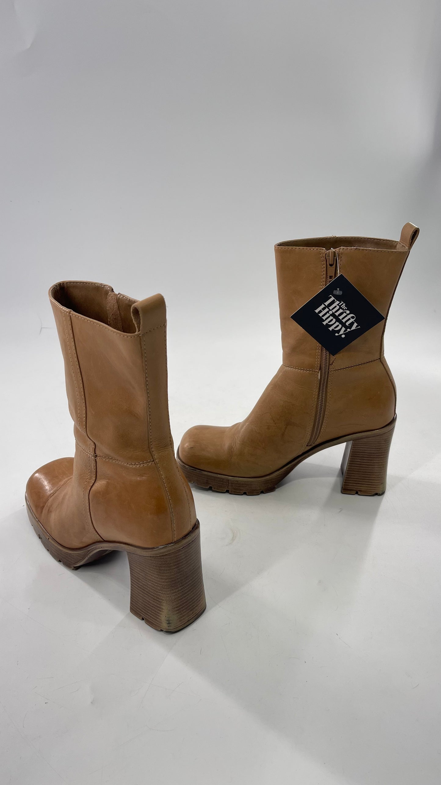 Vintage 90s Steve Madden Tan Leather Funky Square Toe Boot with Platform and Chunky Heel