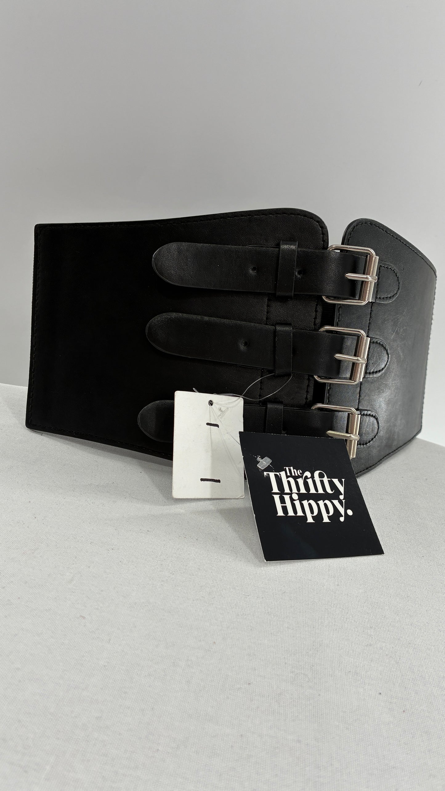 Urban Outfitters Black Corset Belt with Many Buckles and Tags Attached (One Size)
