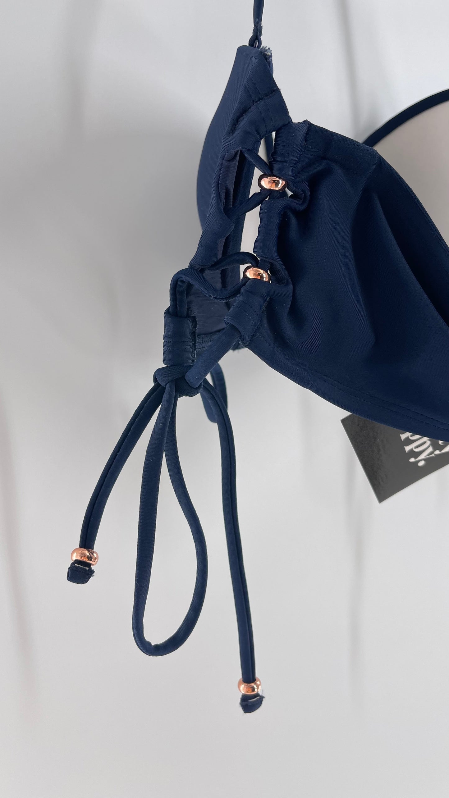 AERIE Navy Blue Underwire Swim Top with Lace Up Sides with Rose Gold Beads (S)