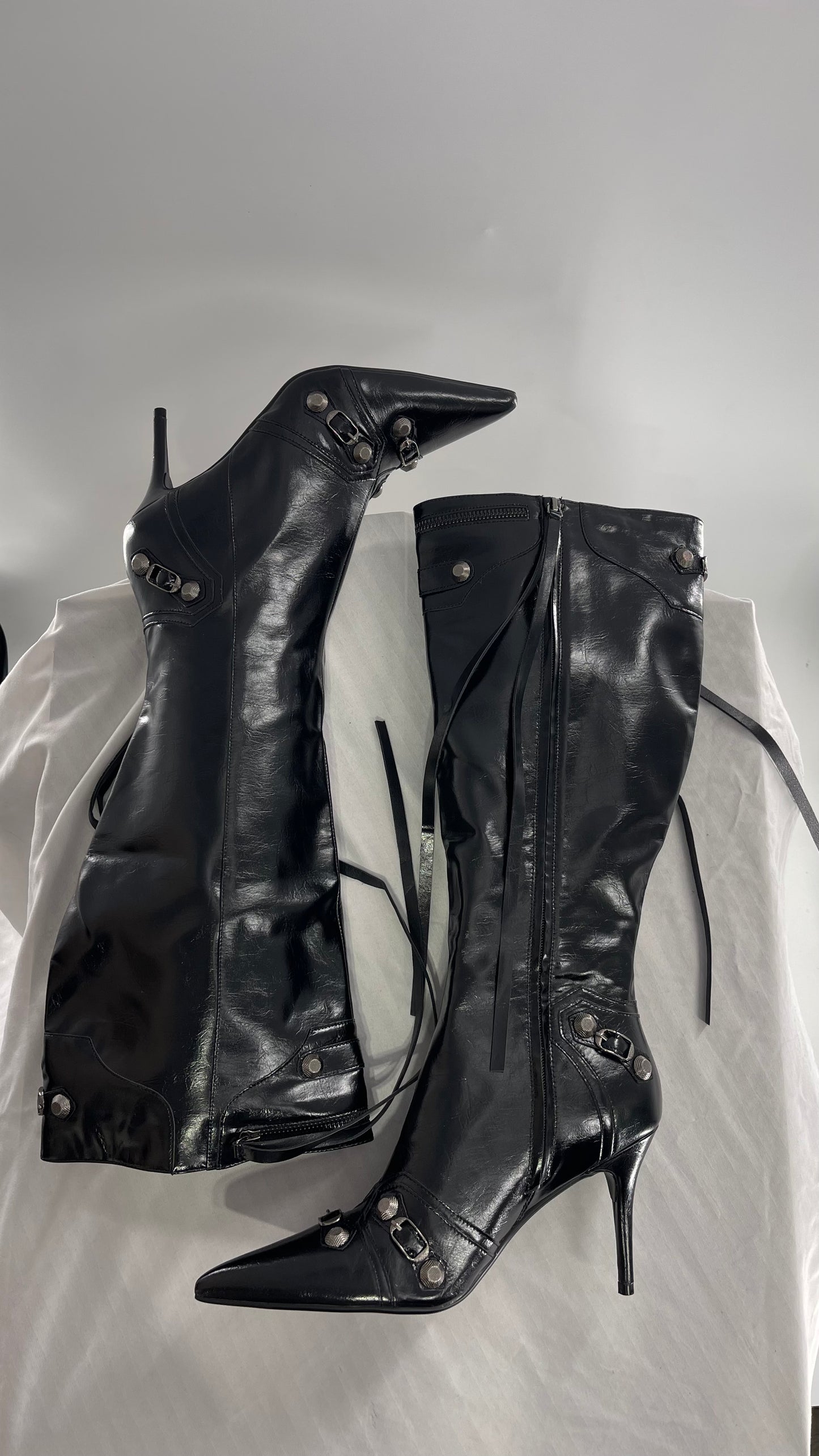 Black Pointed Toe Strappy Heeled Knee High Boots with Metal Hardware Details (10)