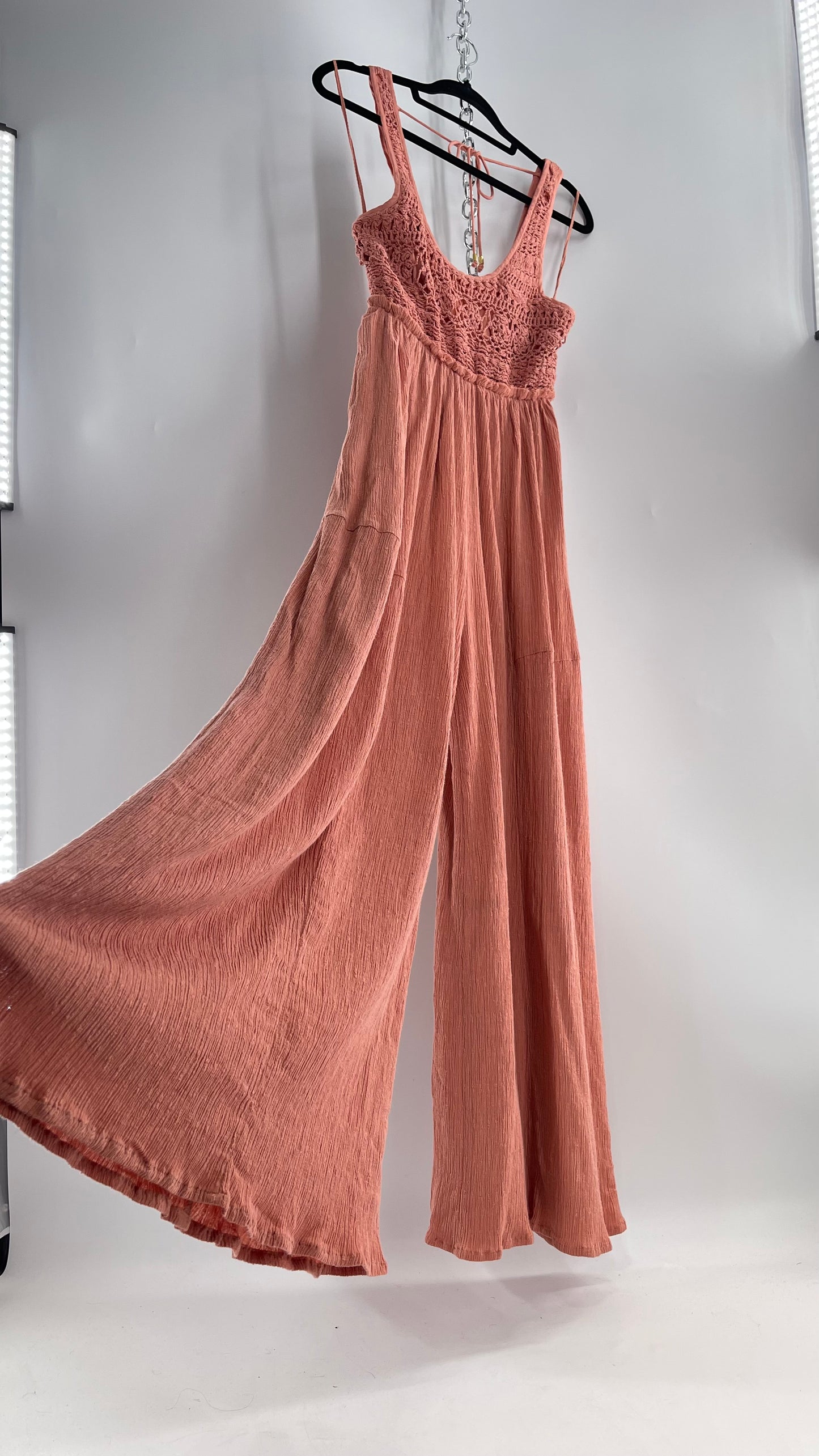Free People Rose/Peach Pink Wide Leg Jumpsuit with Crochet Bust and Tags Attached (XS)
