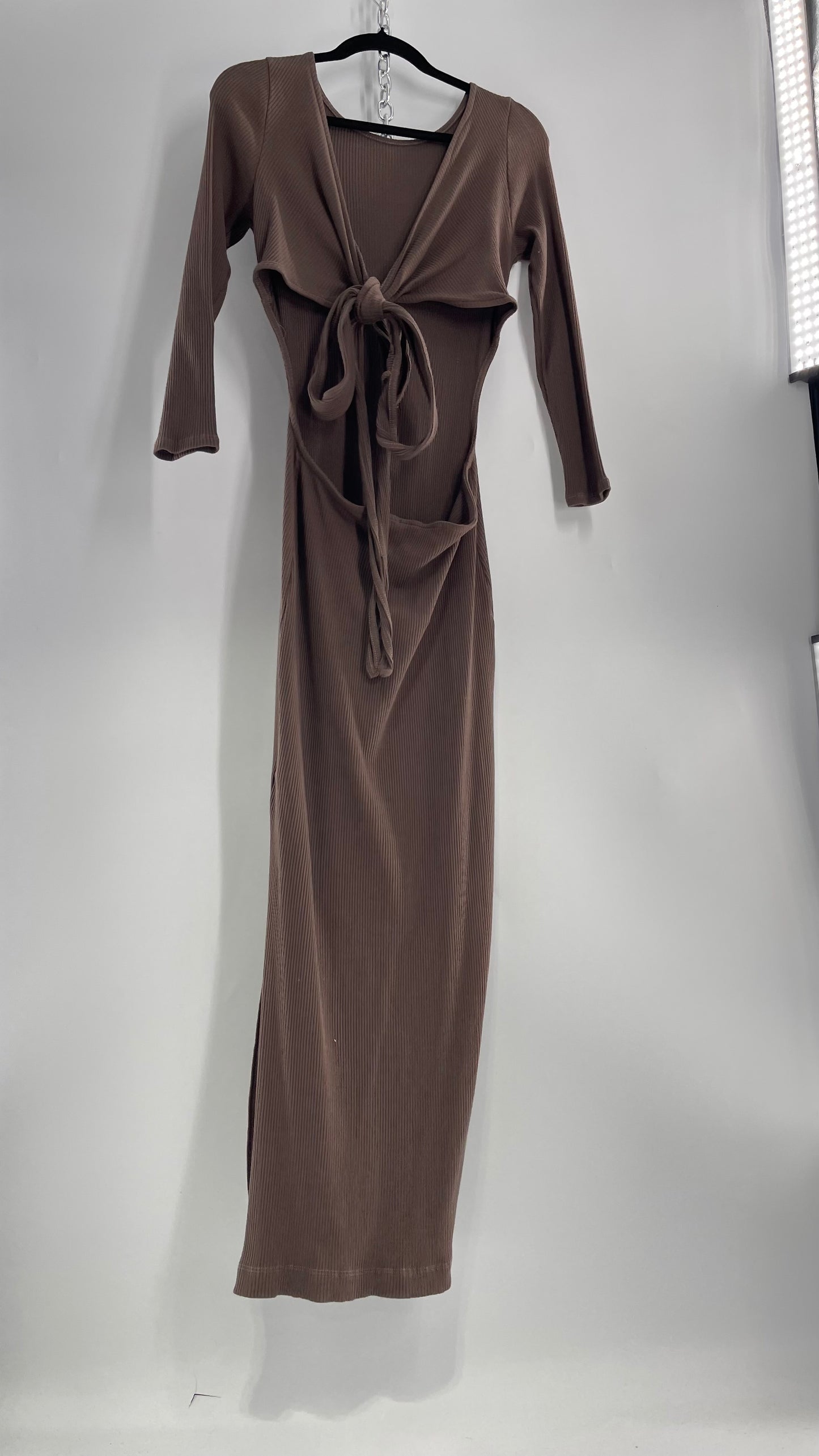 Free People Brown Ribbed Maxi Dress with Low Open Back and Dramatic Tie Detail (Large)